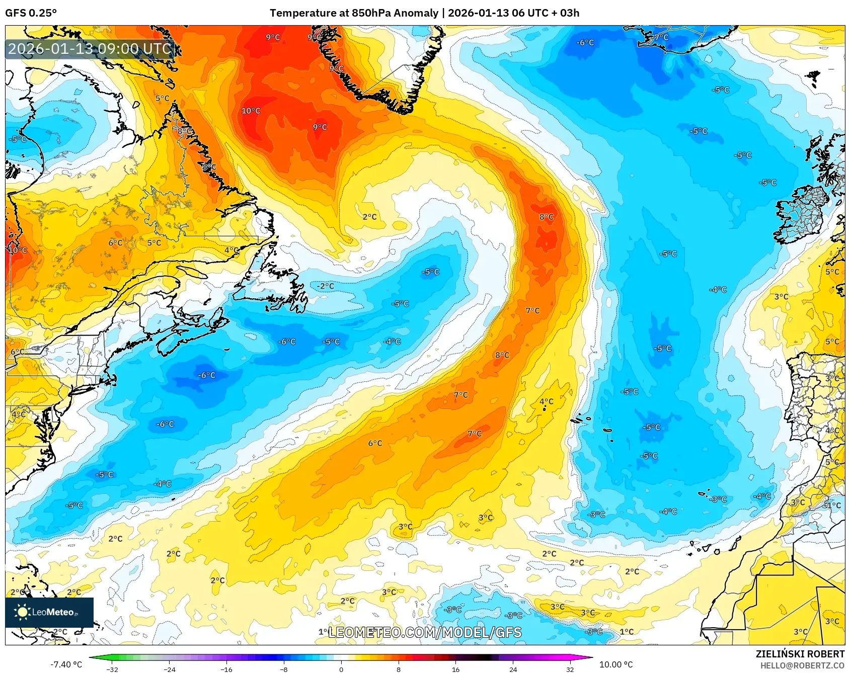 GFS model - North Atlantic, Temperature at 850hPa Anomaly