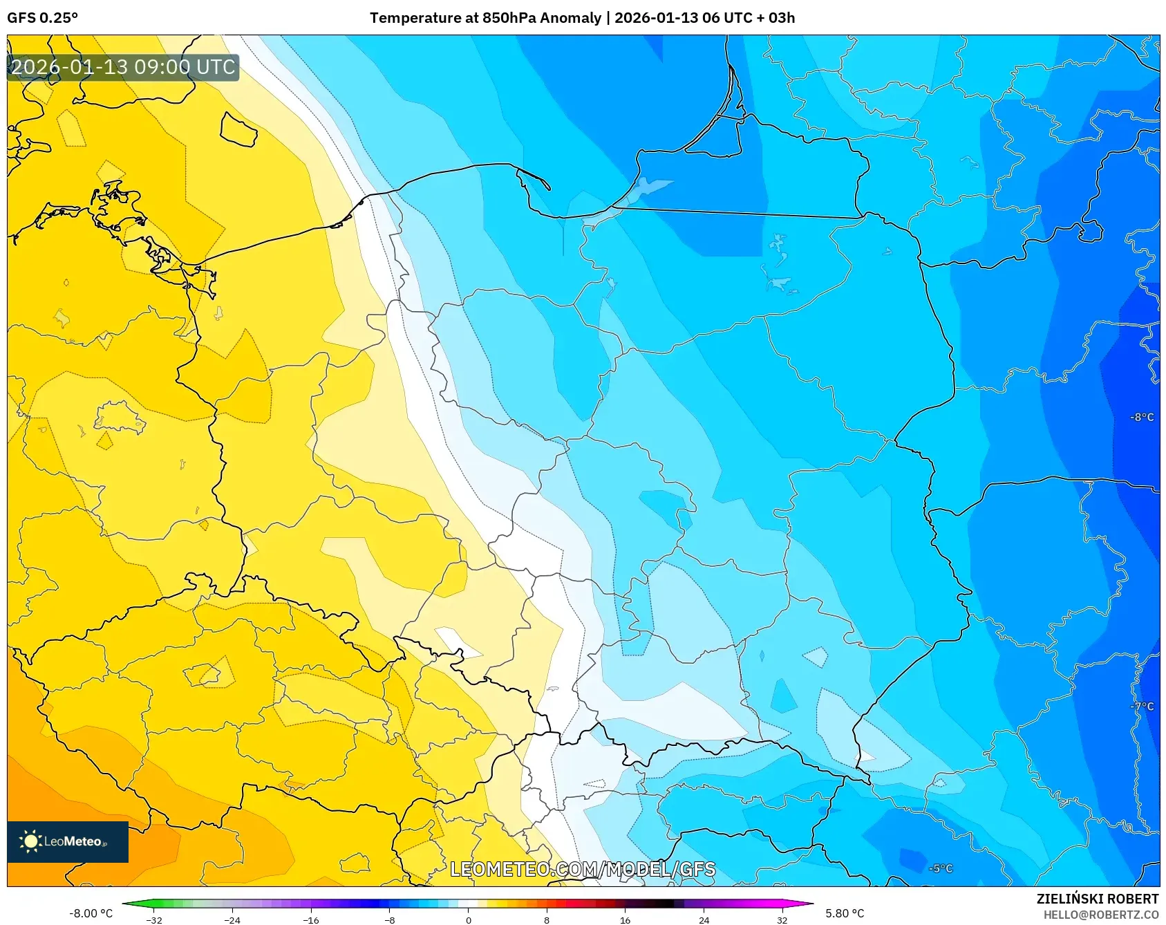 GFS model - Poland, Temperature at 850hPa Anomaly