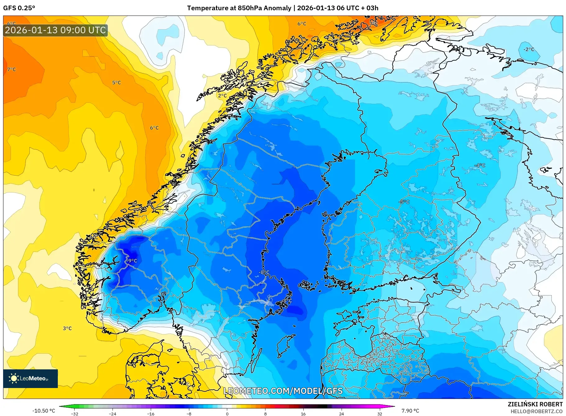 GFS model - Scandinavia, Temperature at 850hPa Anomaly