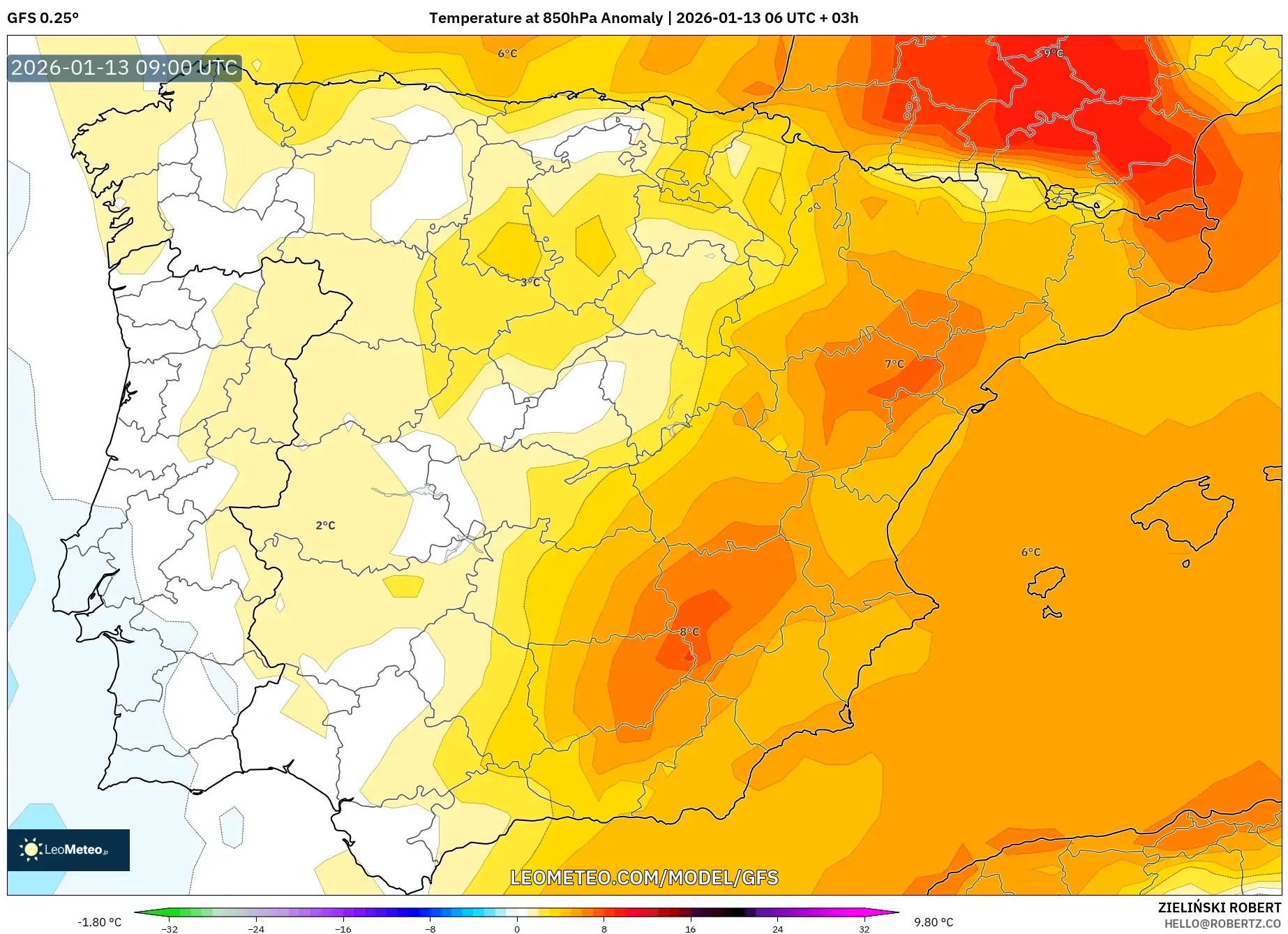 GFS model - Spain, Temperature at 850hPa Anomaly