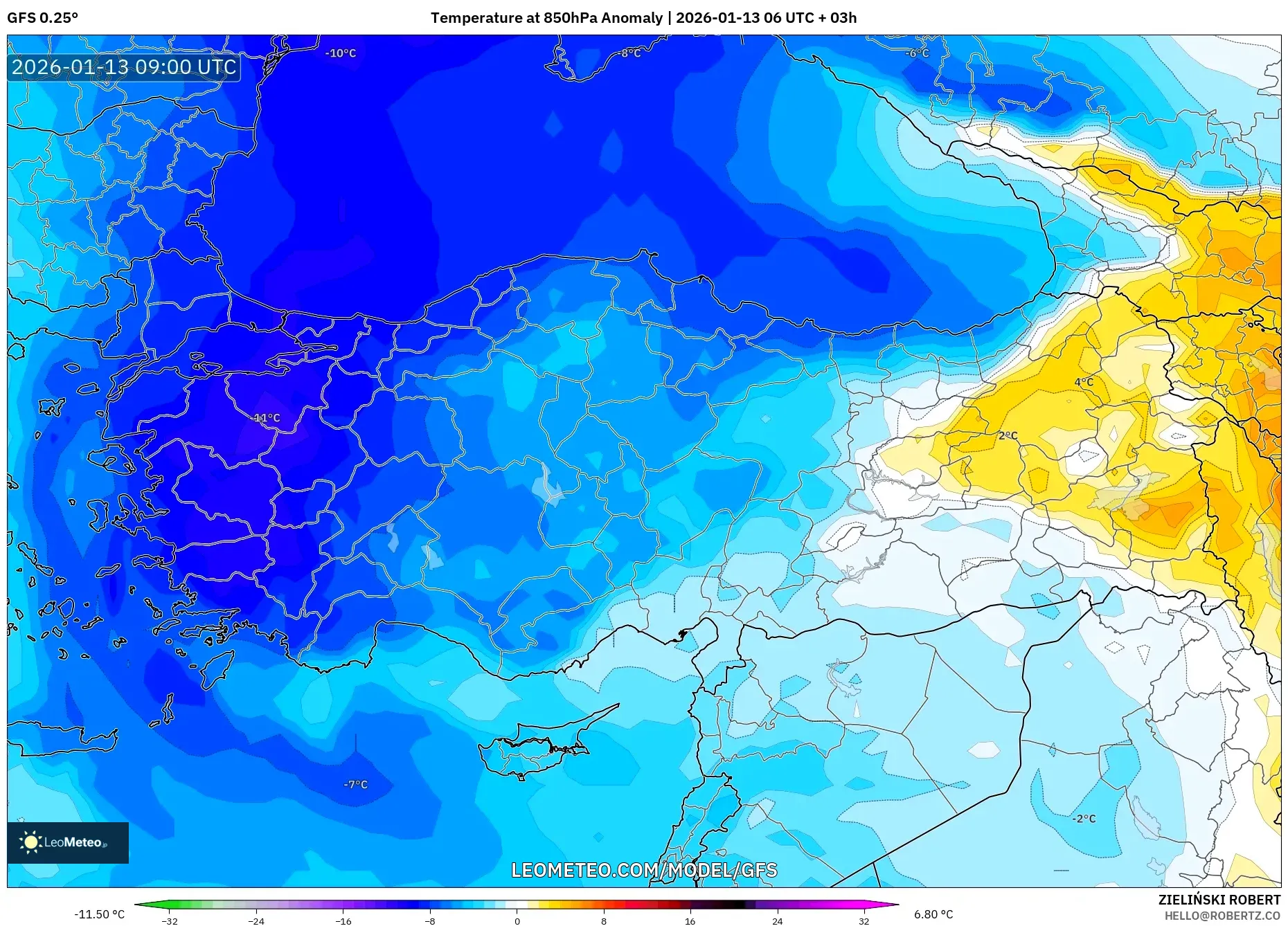 GFS model - Turkey, Temperature at 850hPa Anomaly