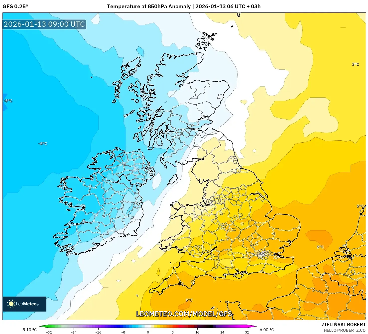 GFS model - United Kingdom, Temperature at 850hPa Anomaly
