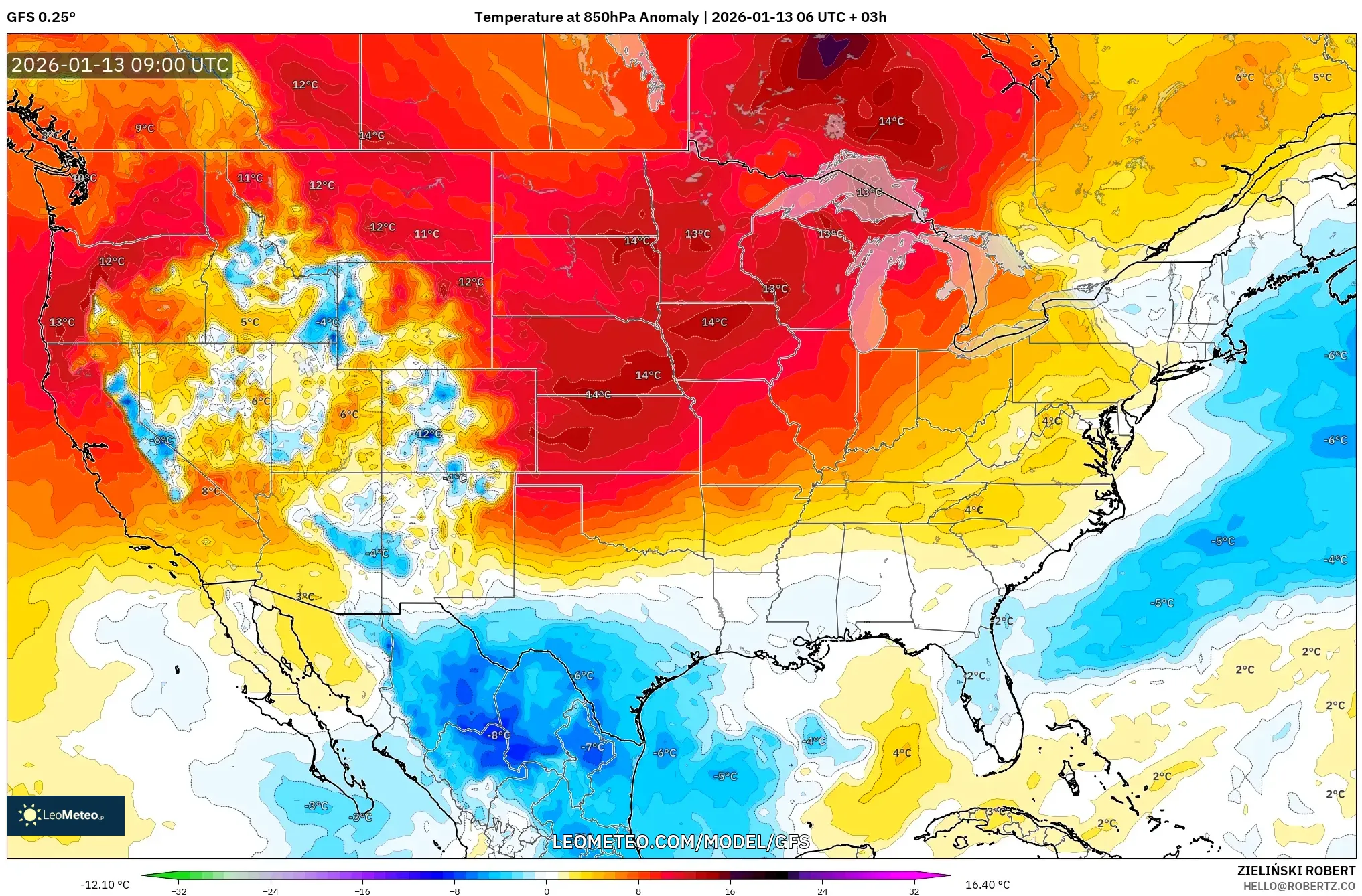 GFS model - United States, Temperature at 850hPa Anomaly