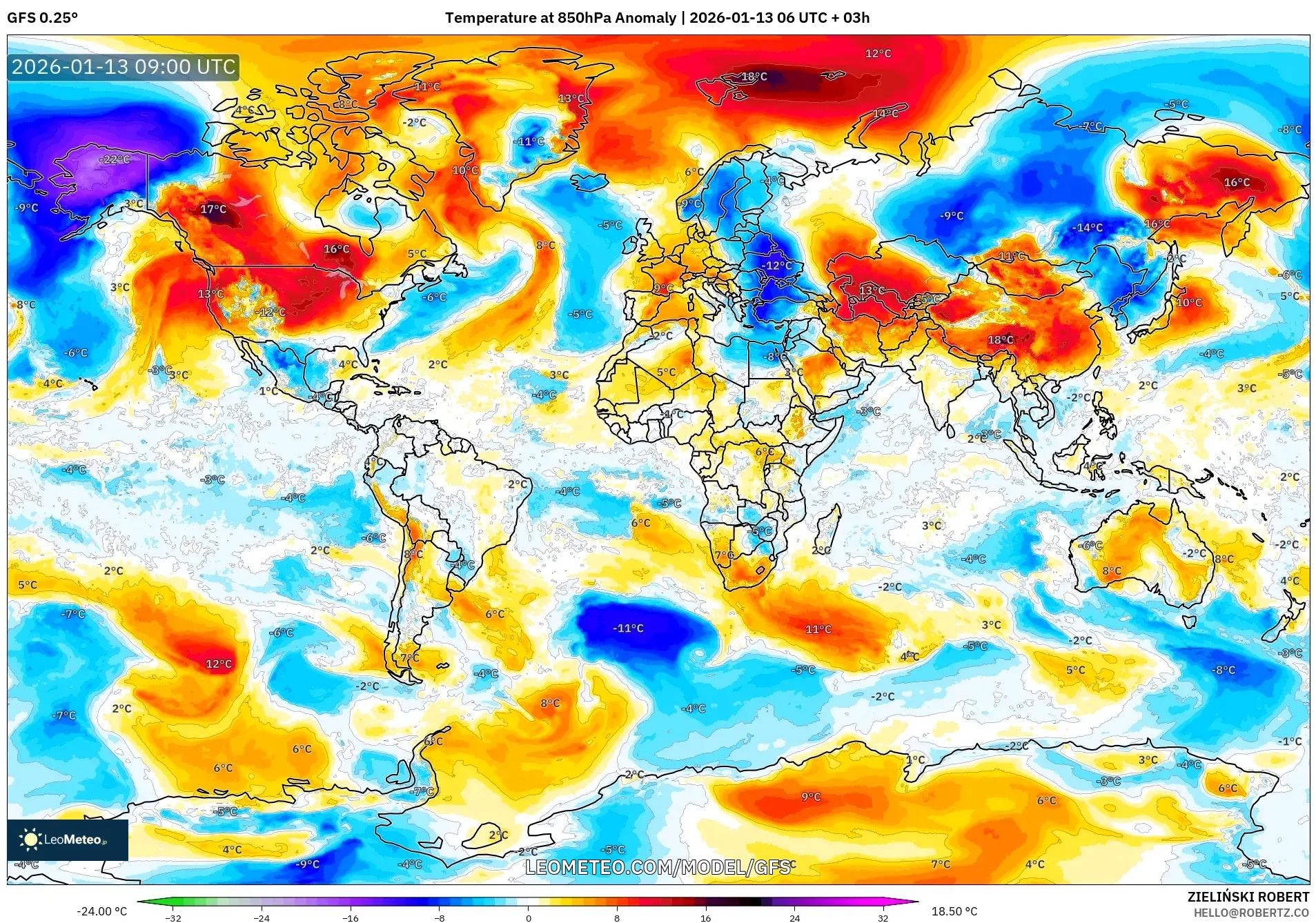 GFS model - World, Temperature at 850hPa Anomaly