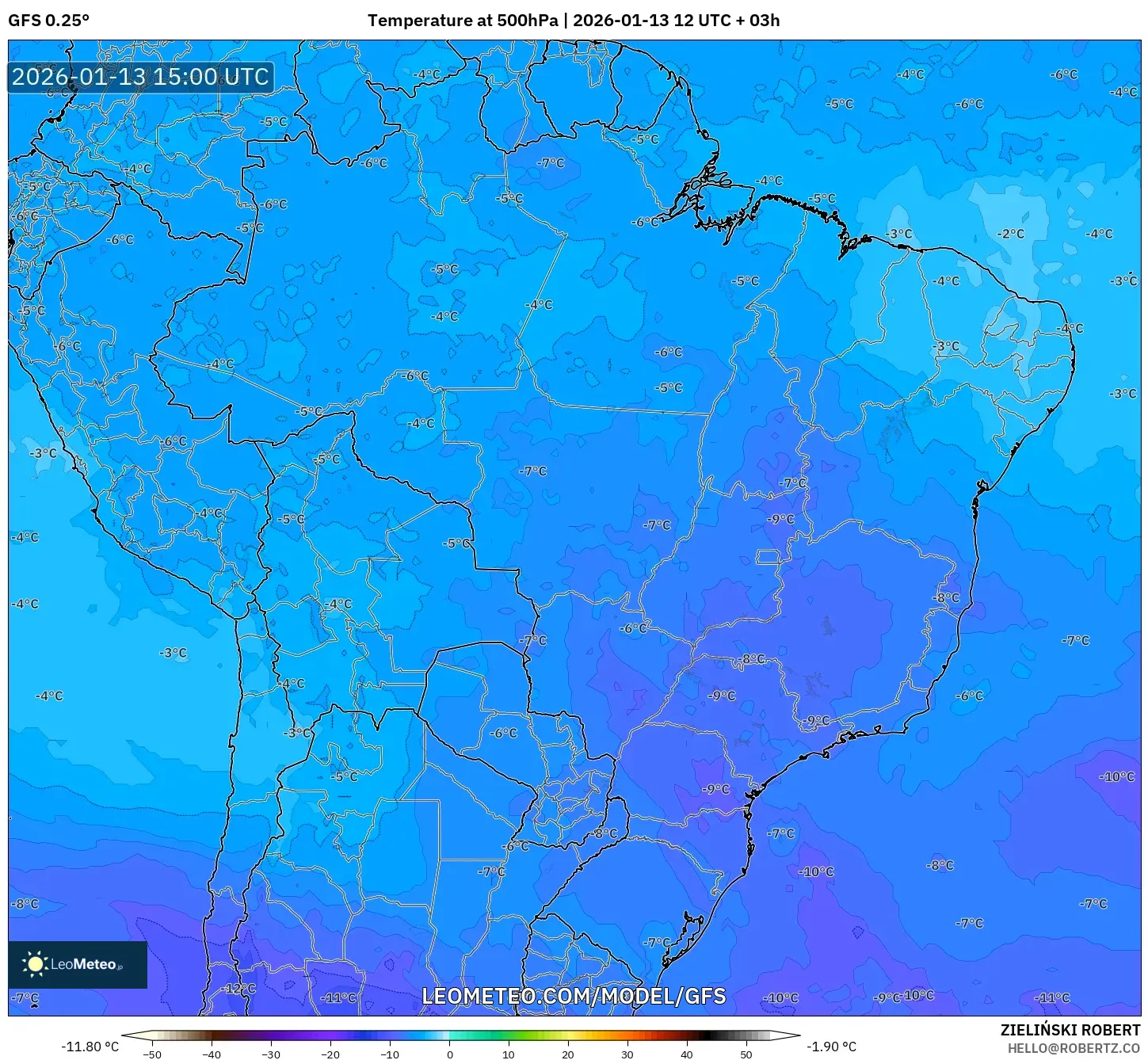 GFS model - Brazil, Temperature at 500hPa