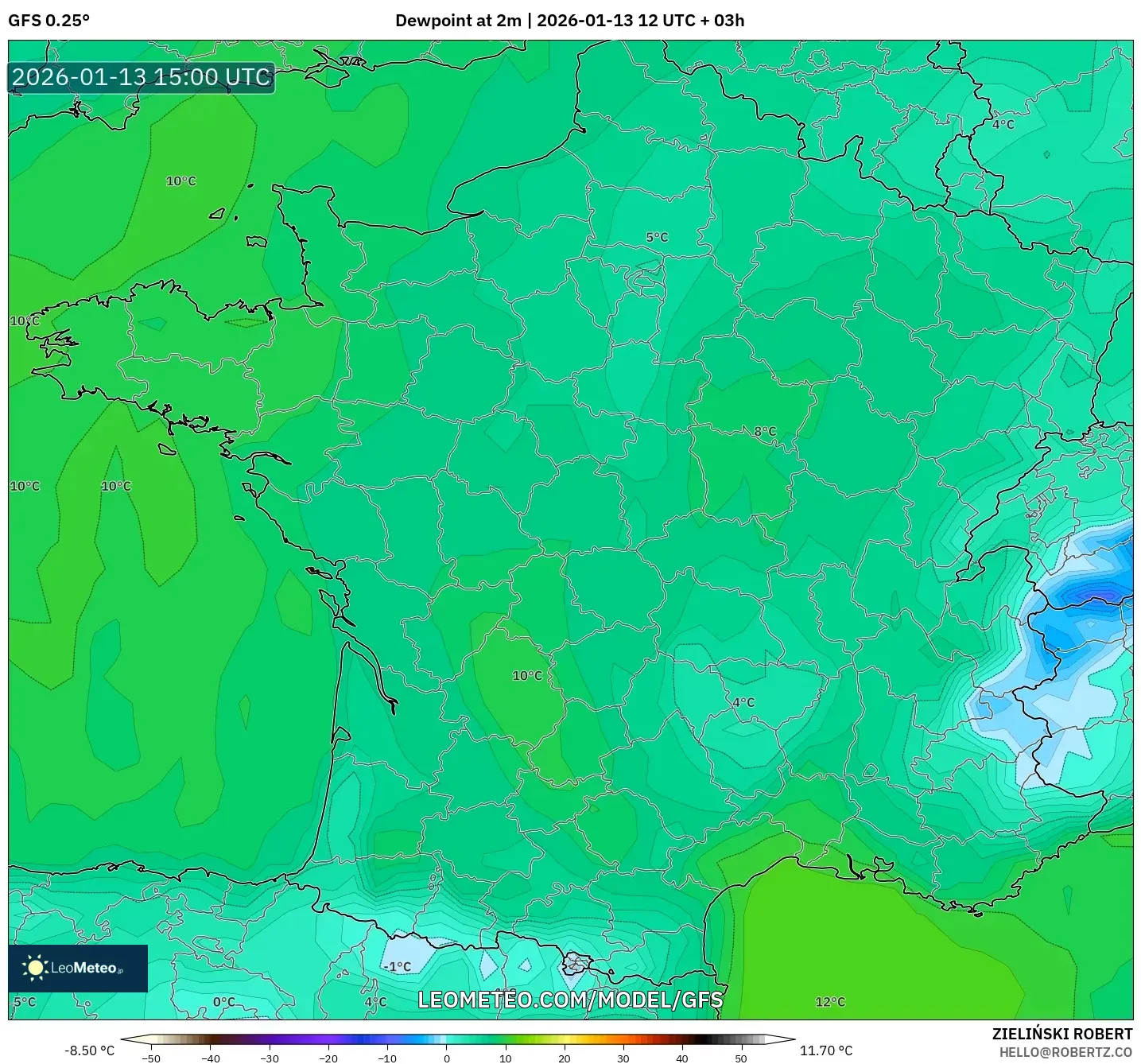 GFS model - France, Dewpoint at 2m
