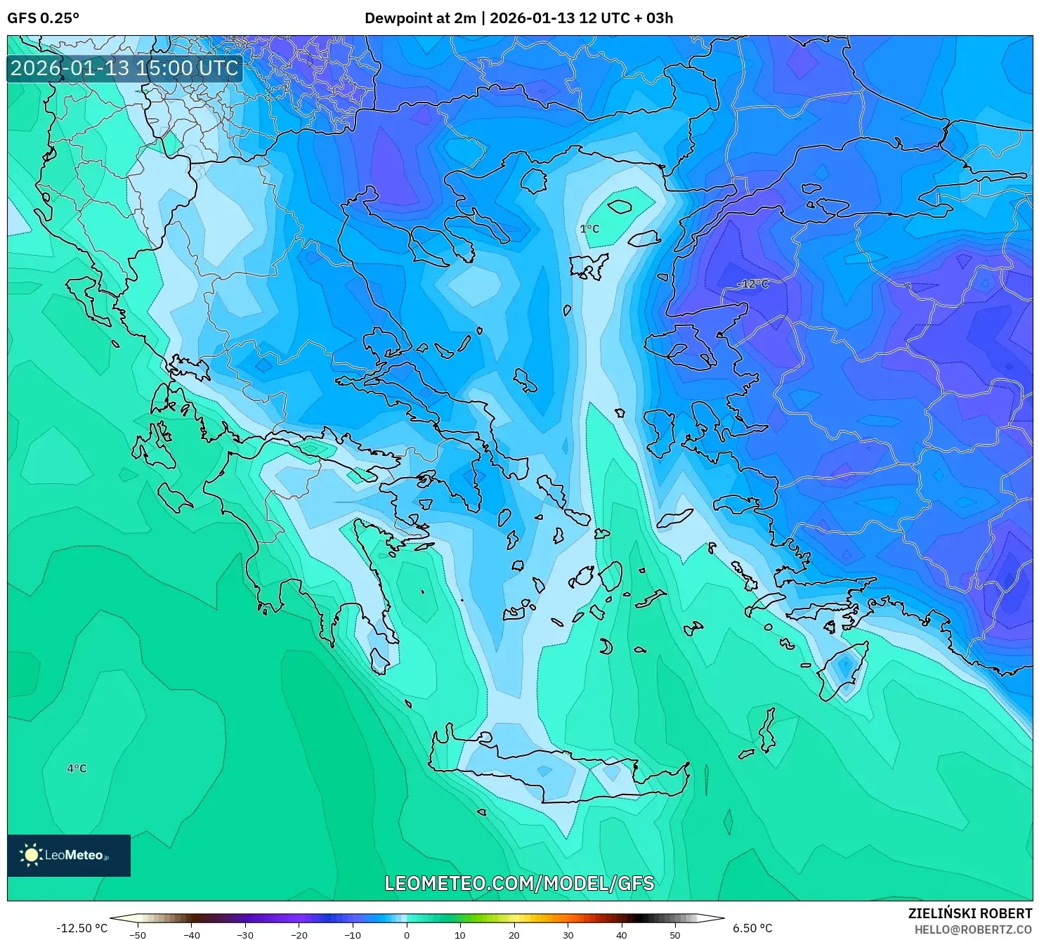 GFS model - Greece, Dewpoint at 2m