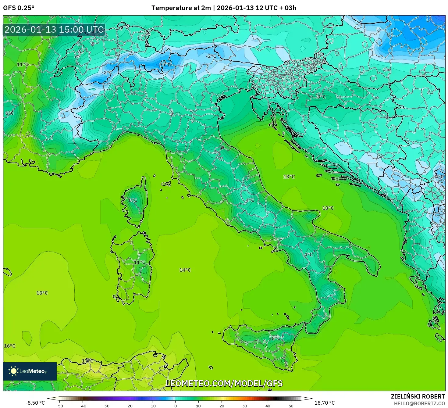 GFS model - Italy, Temperature at 2m