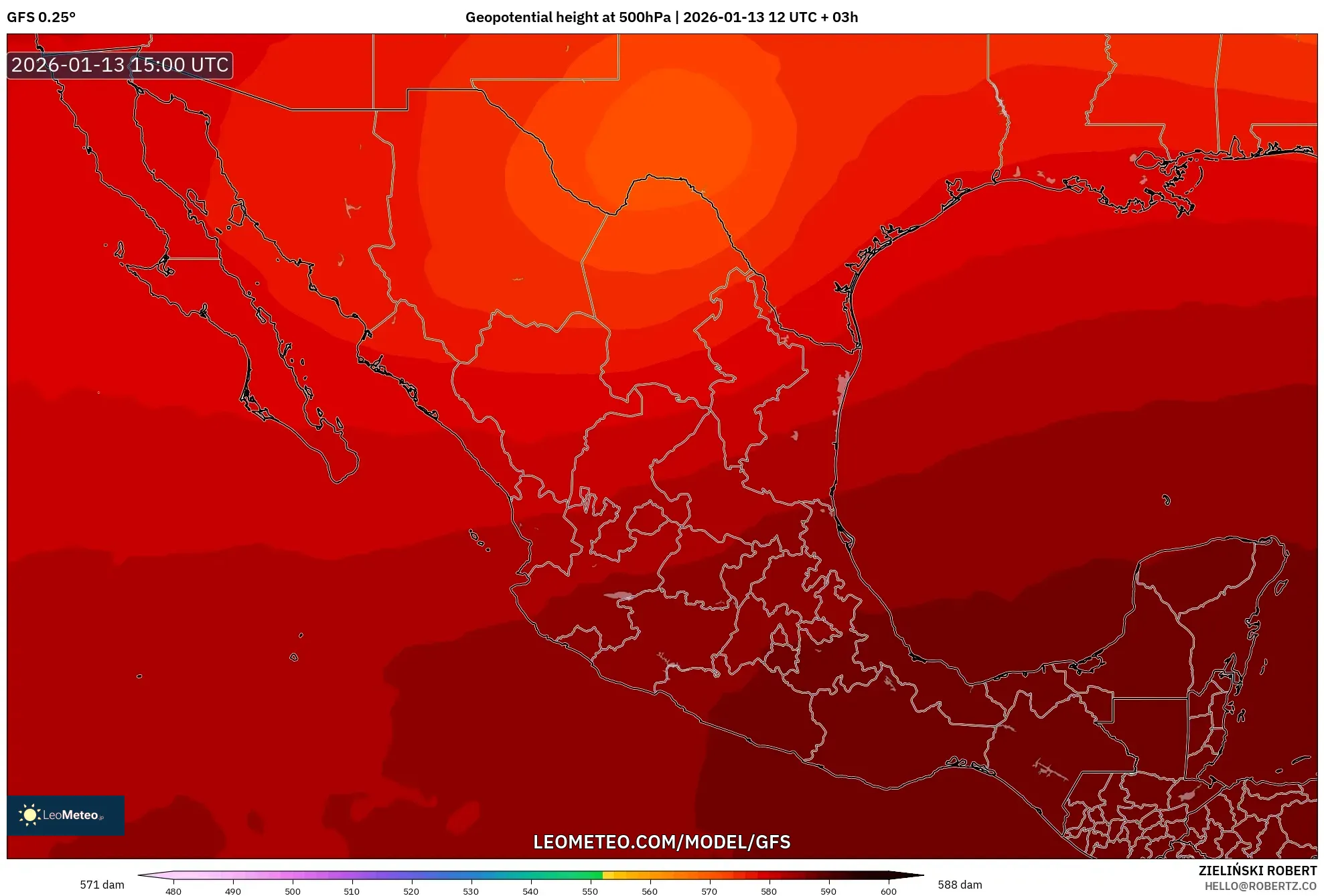 GFS model - Mexico, Geopotential height at 500hPa