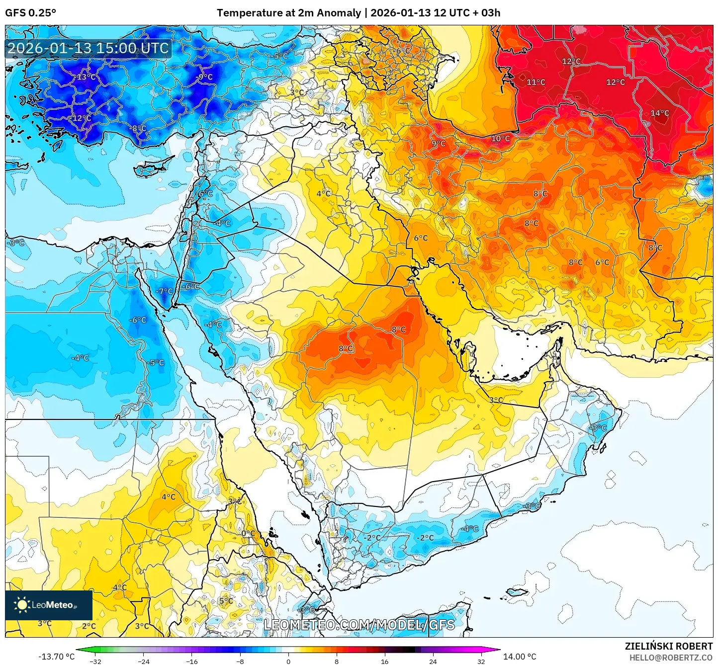 GFS model - Middle East, Temperature at 2m Anomaly