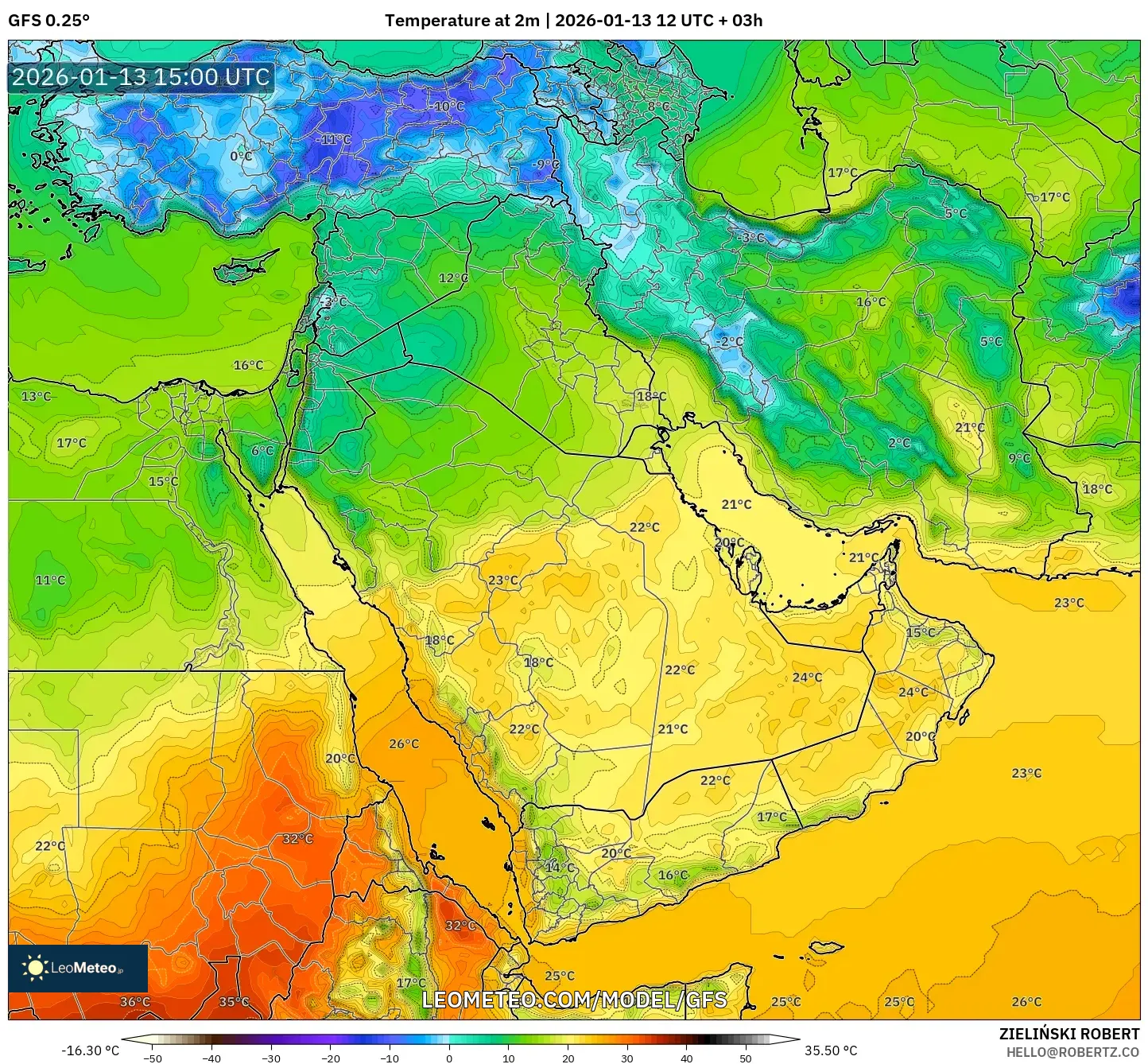 GFS model - Middle East, Temperature at 2m