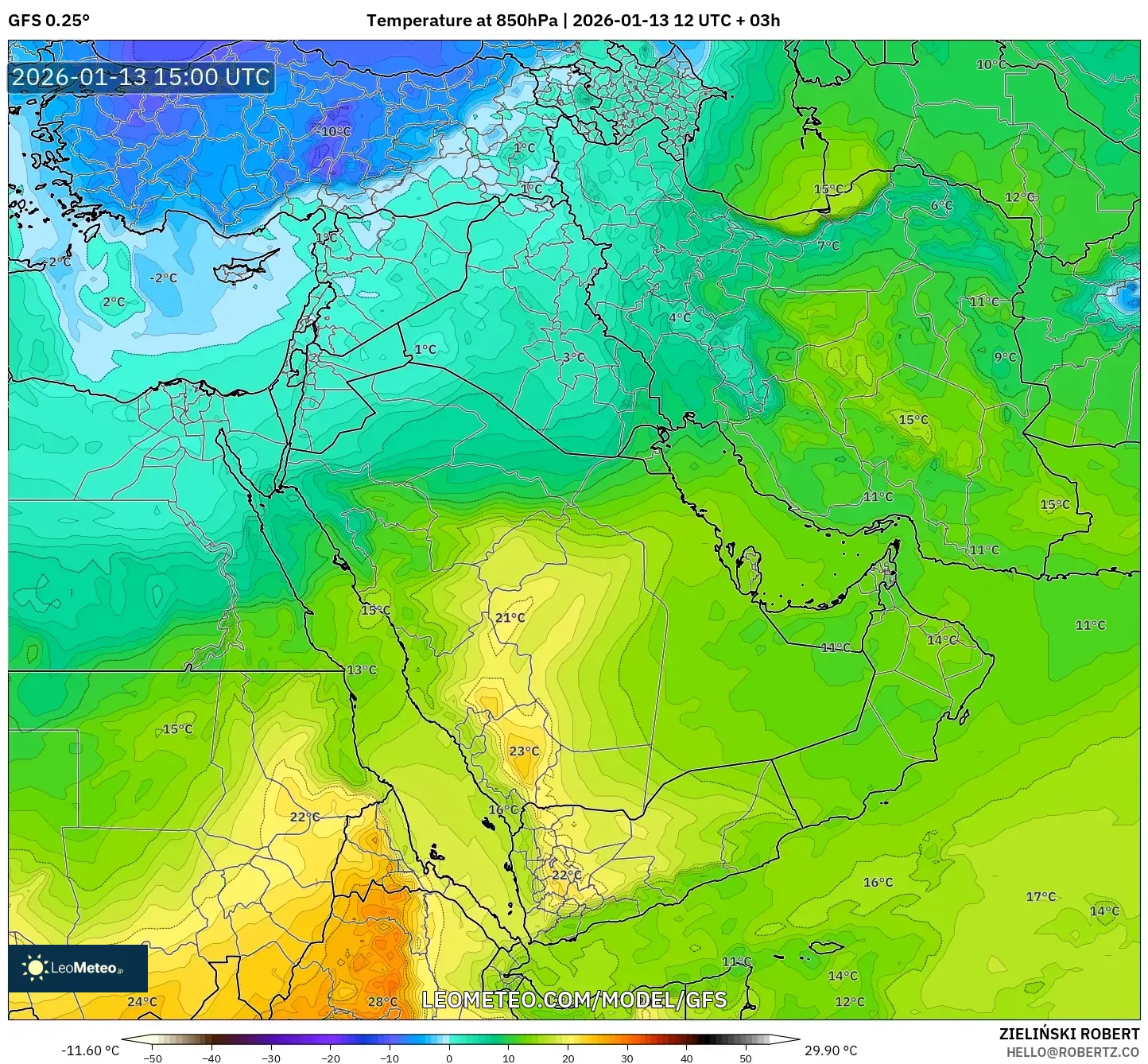 GFS model - Middle East, Temperature at 850hPa