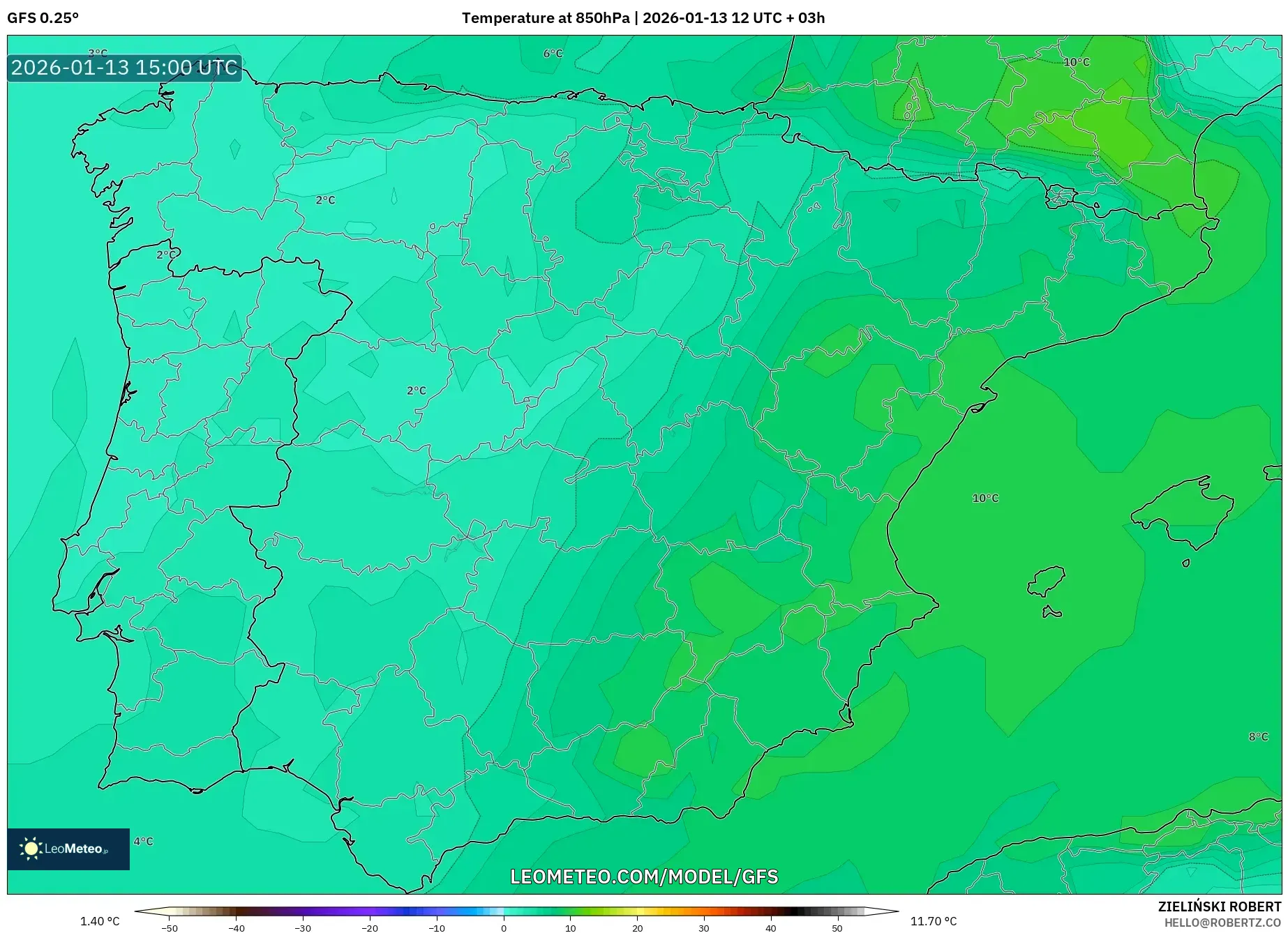 GFS model - Spain, Temperature at 850hPa