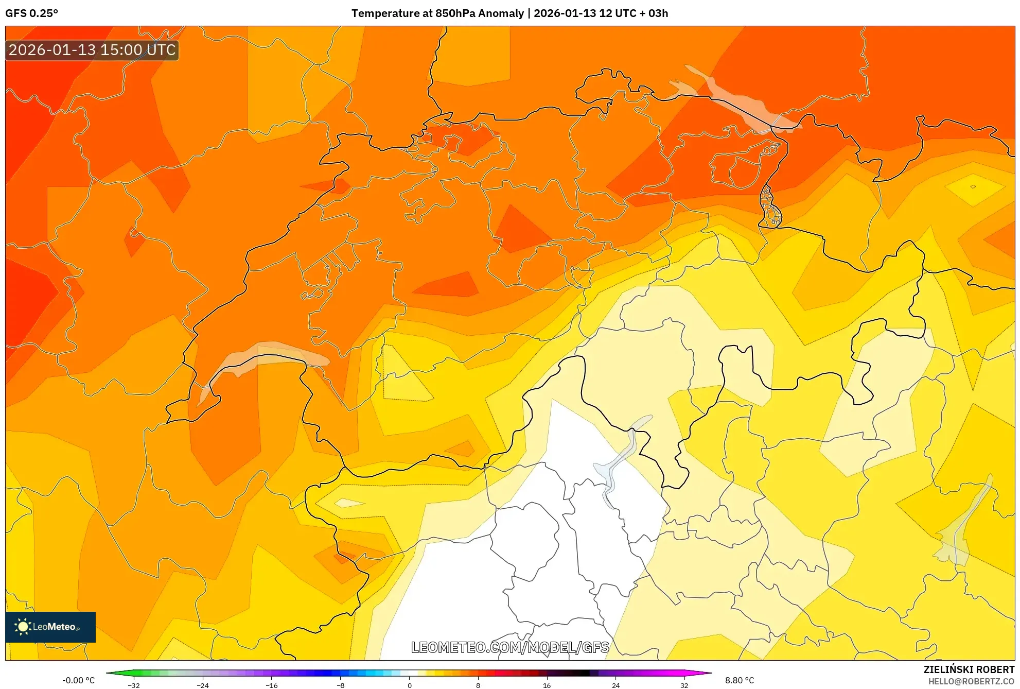 GFS model - Switzerland, Temperature at 850hPa Anomaly