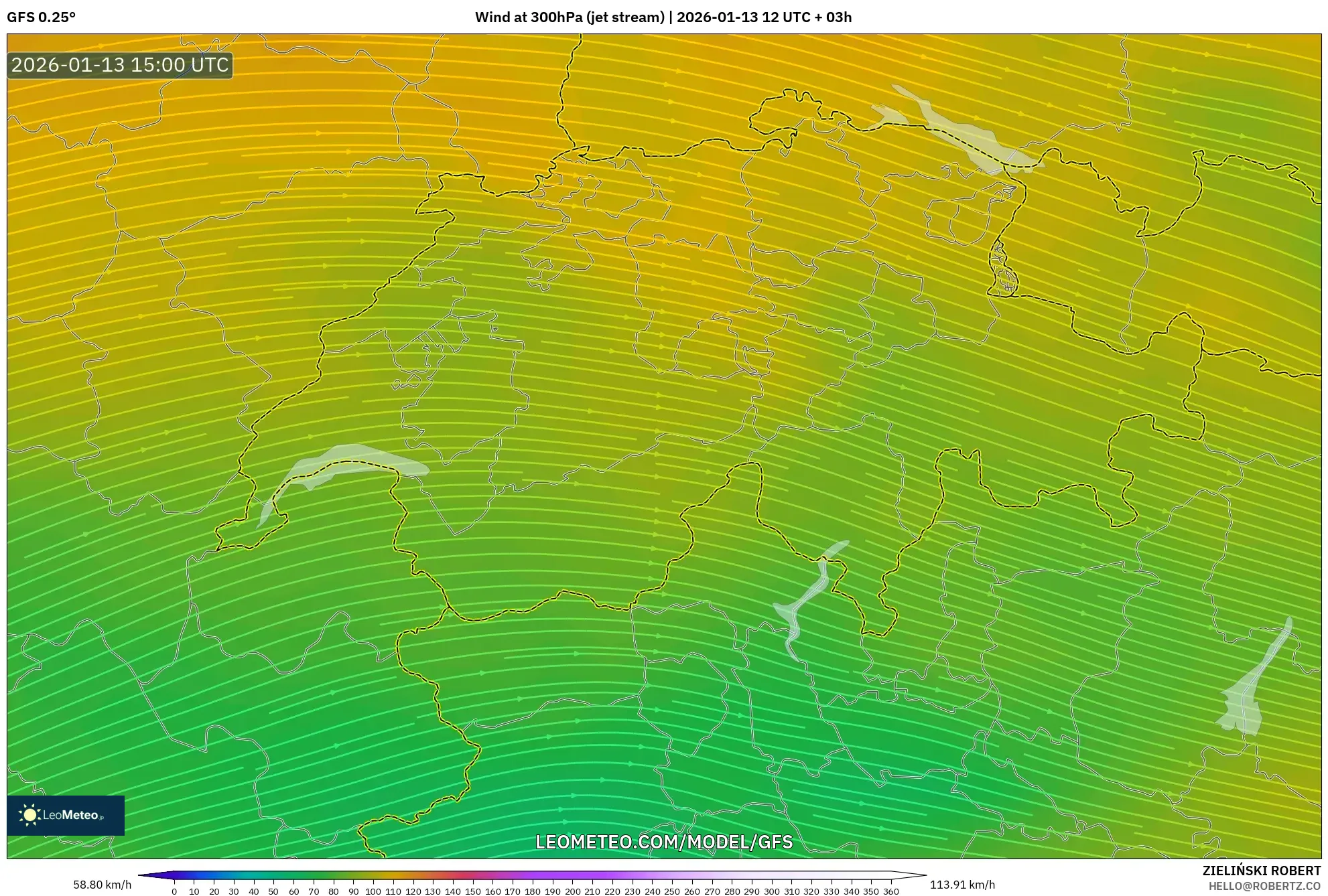 GFS model - Switzerland, Wind at 300hPa (jet stream)
