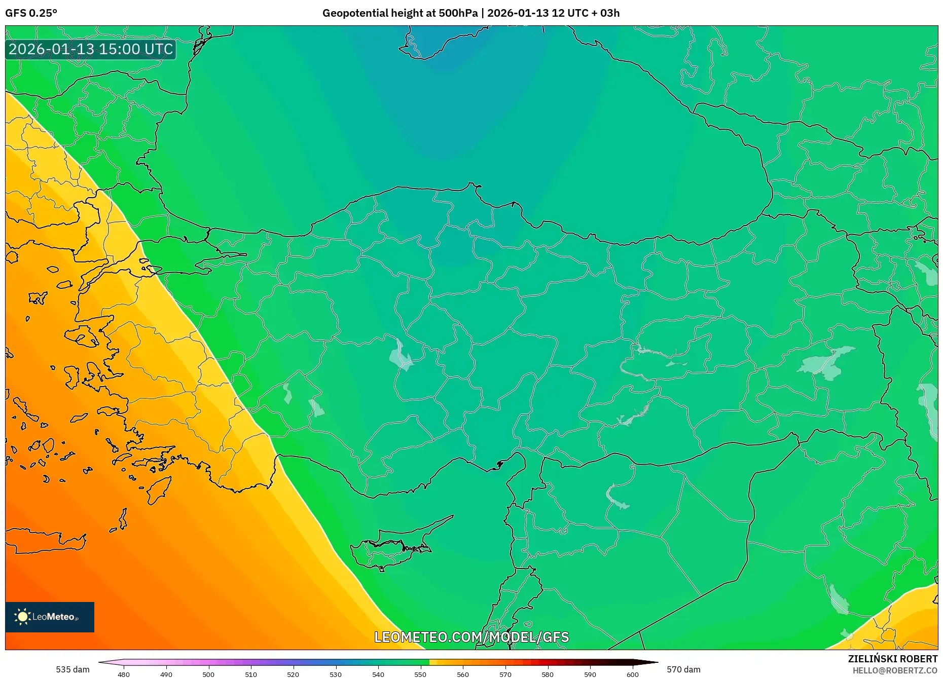 GFS model - Turkey, Geopotential height at 500hPa