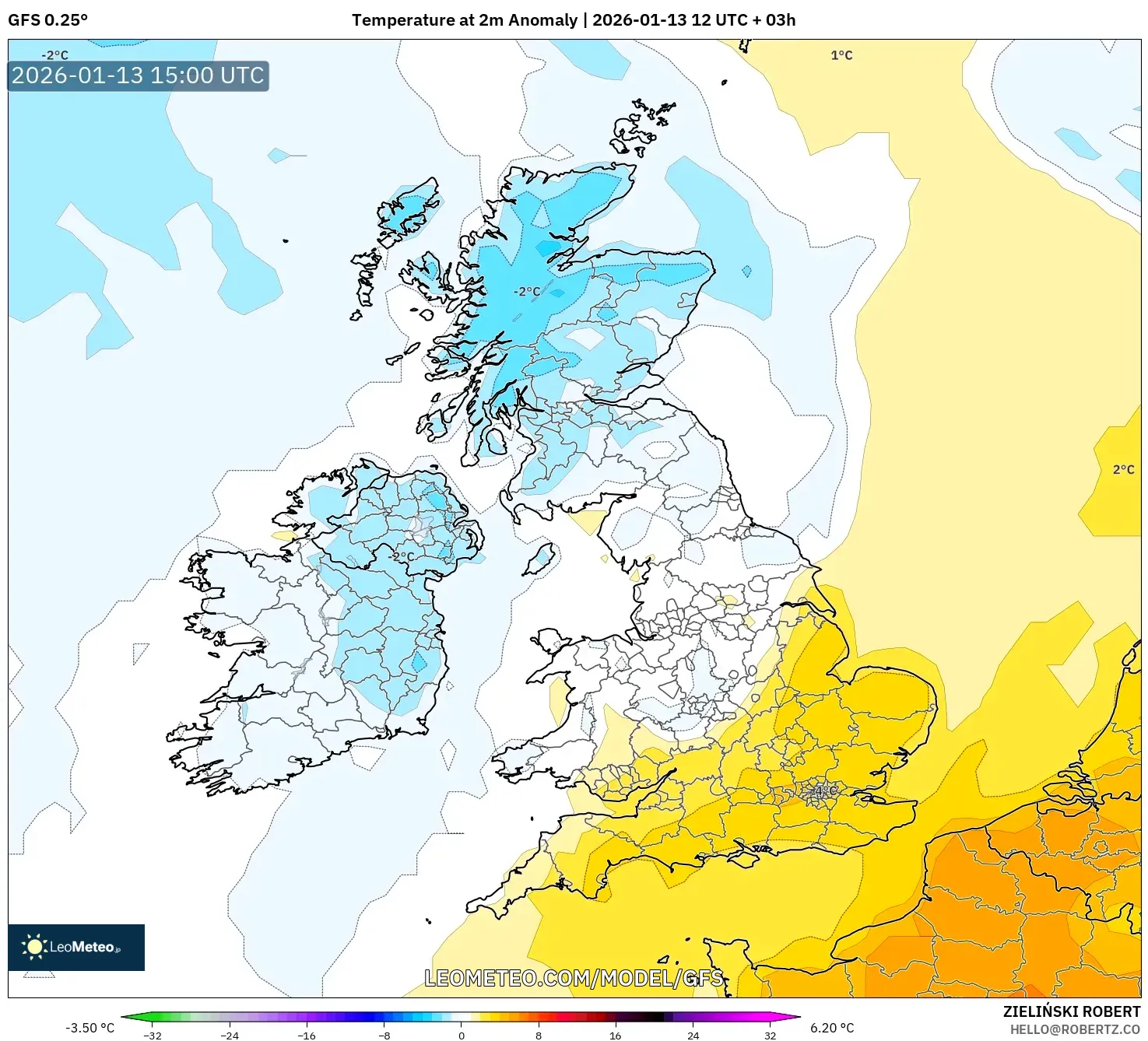 GFS model - United Kingdom, Temperature at 2m Anomaly