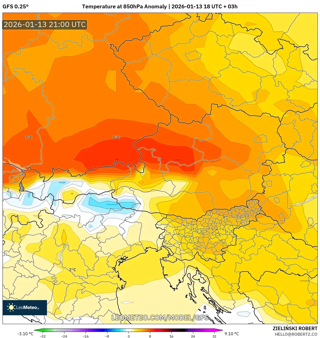 GFS model - Austria, Temperature at 850hPa Anomaly