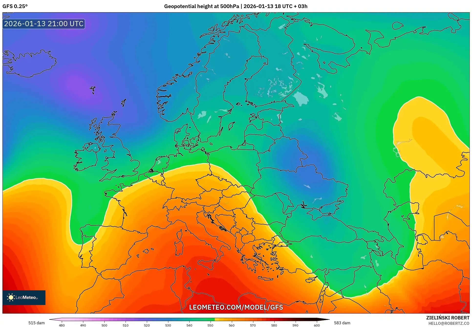 GFS model - Europe, Geopotential height at 500hPa