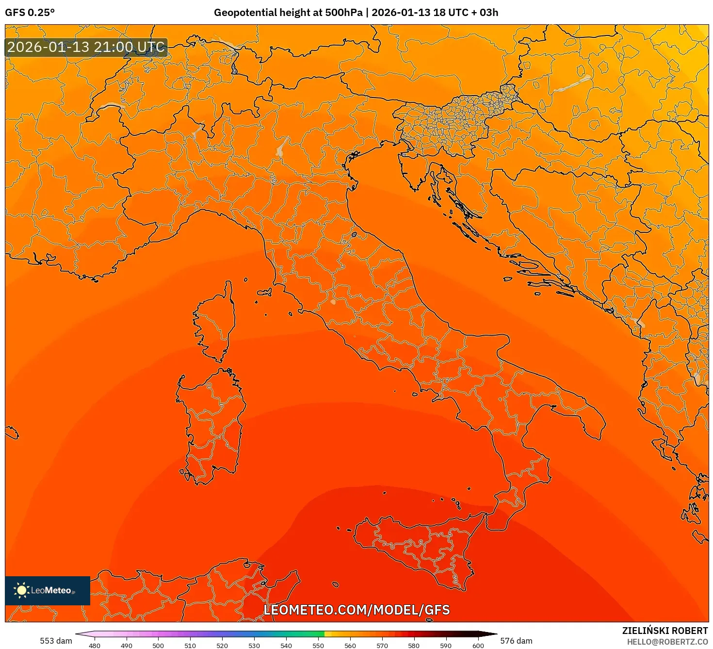 GFS model - Italy, Geopotential height at 500hPa