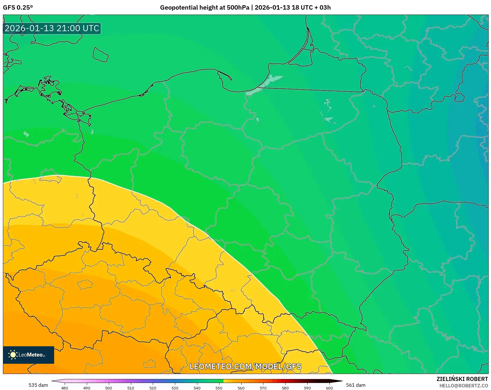 GFS model - Poland, Geopotential height at 500hPa