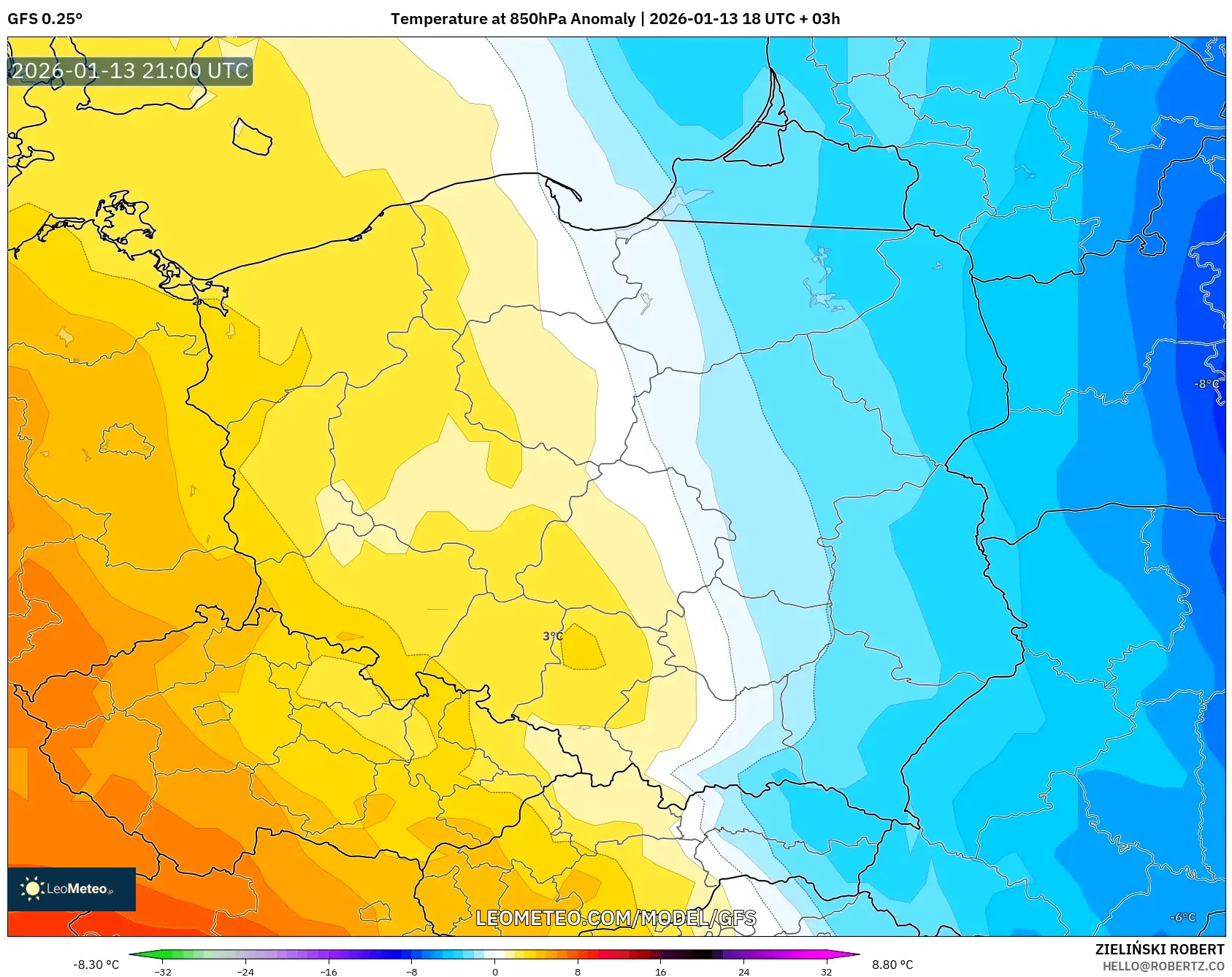 GFS model - Poland, Temperature at 850hPa Anomaly