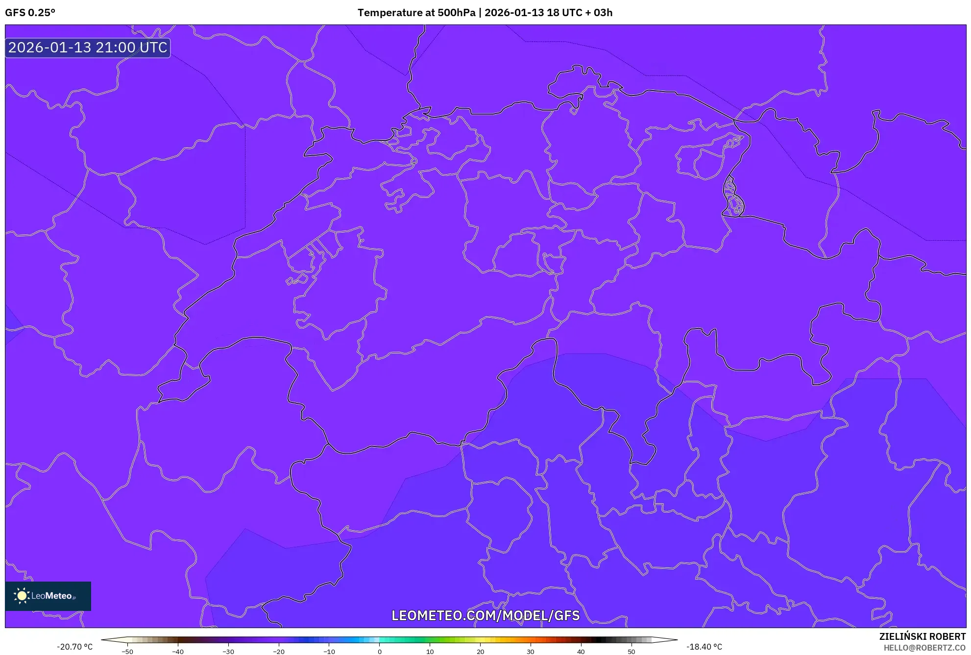 GFS model - Switzerland, Temperature at 500hPa
