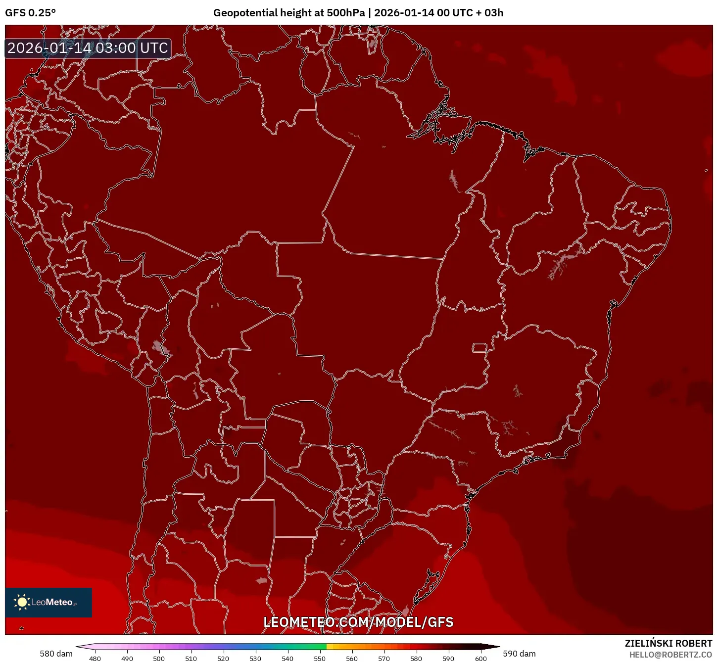 GFS model - Brazil, Geopotential height at 500hPa