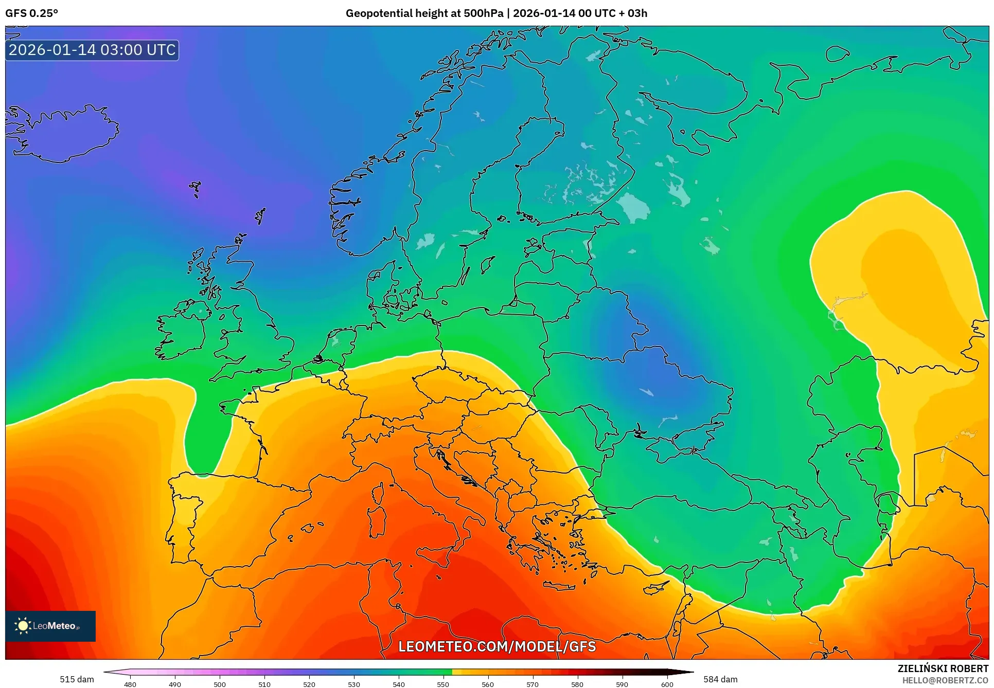GFS model - Europe, Geopotential height at 500hPa