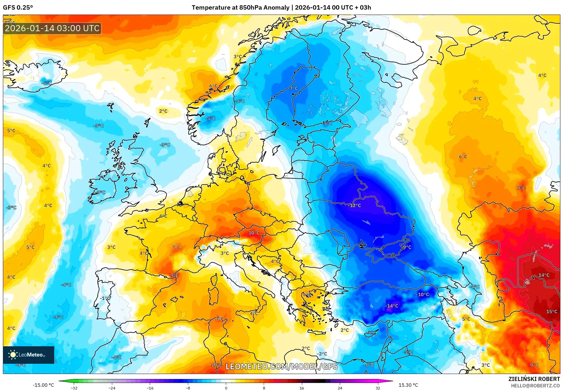 GFS model - Europe, Temperature at 850hPa Anomaly