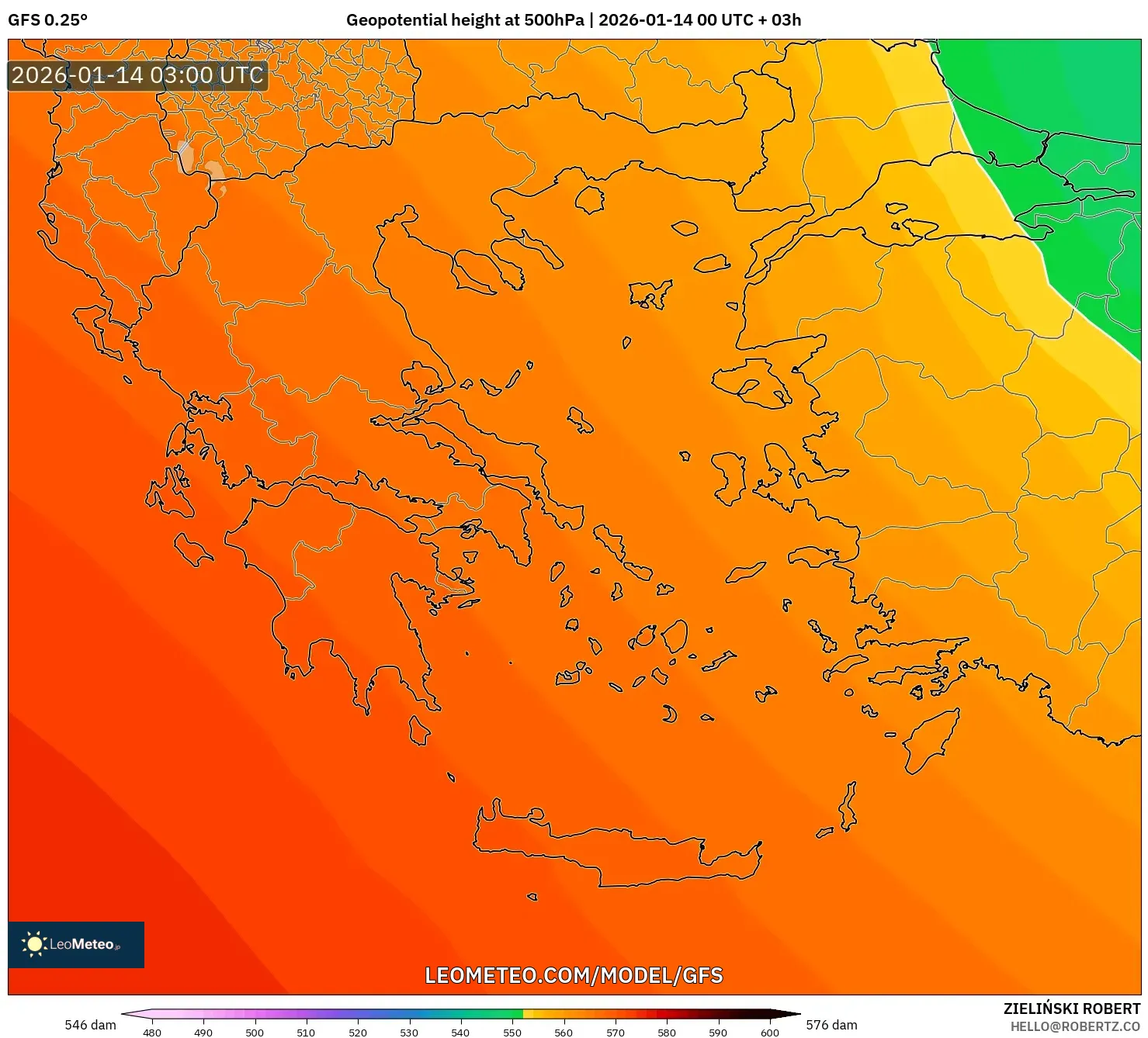 GFS model - Greece, Geopotential height at 500hPa