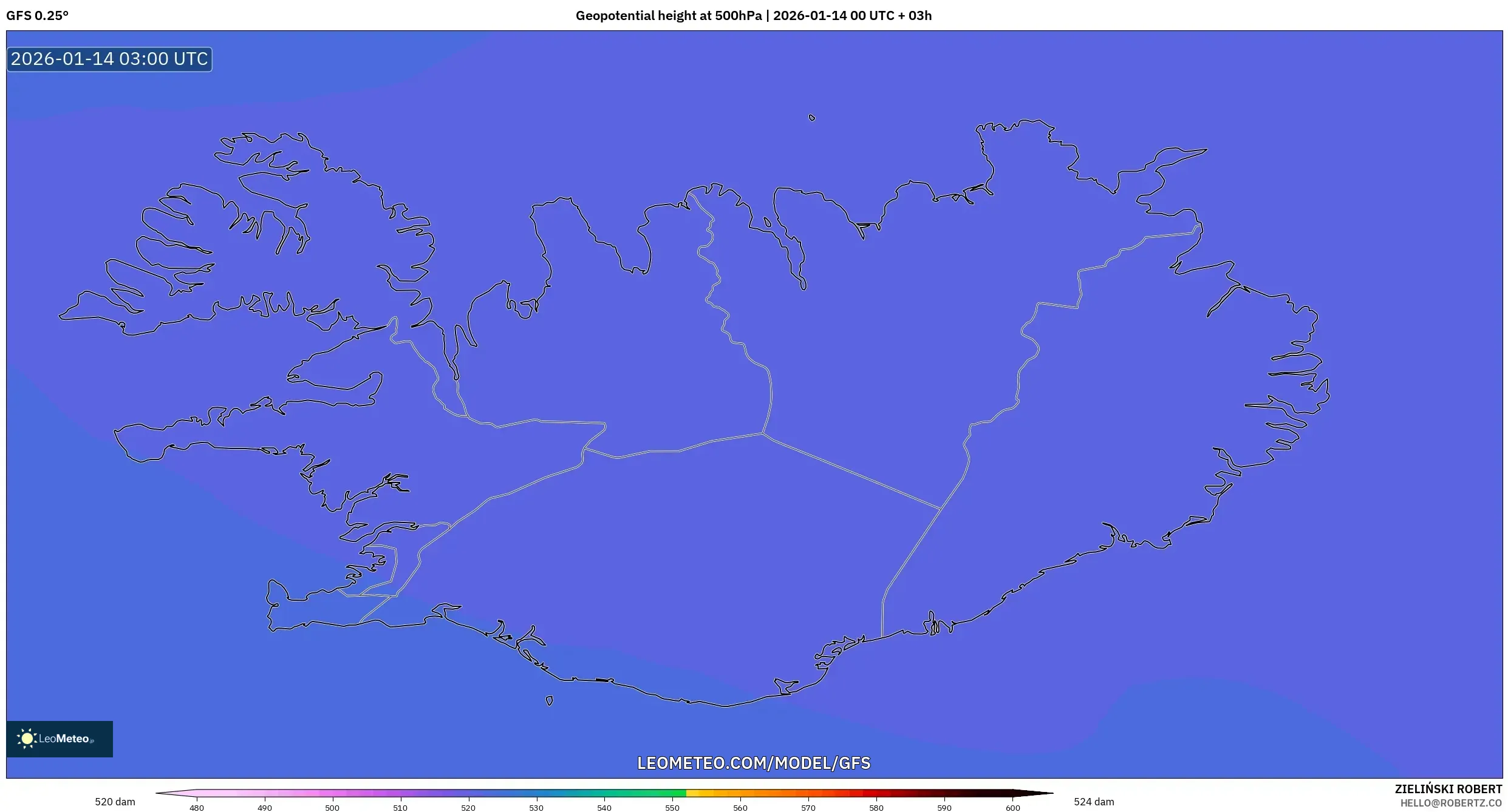 GFS model - Iceland, Geopotential height at 500hPa