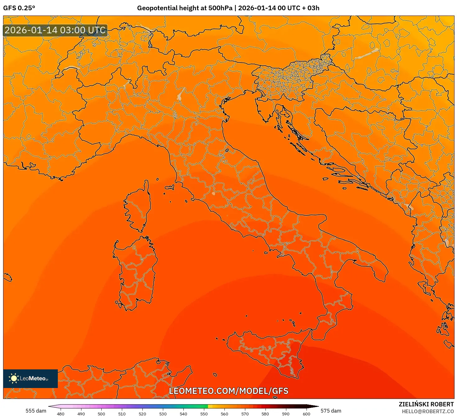 GFS model - Italy, Geopotential height at 500hPa