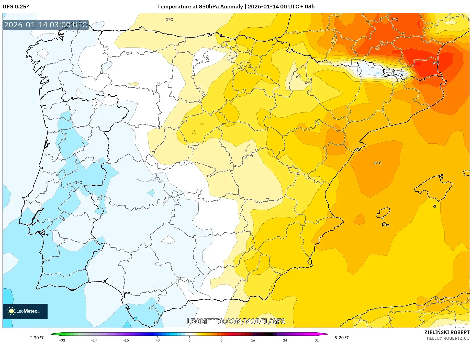 GFS model - Spain, Temperature at 850hPa Anomaly