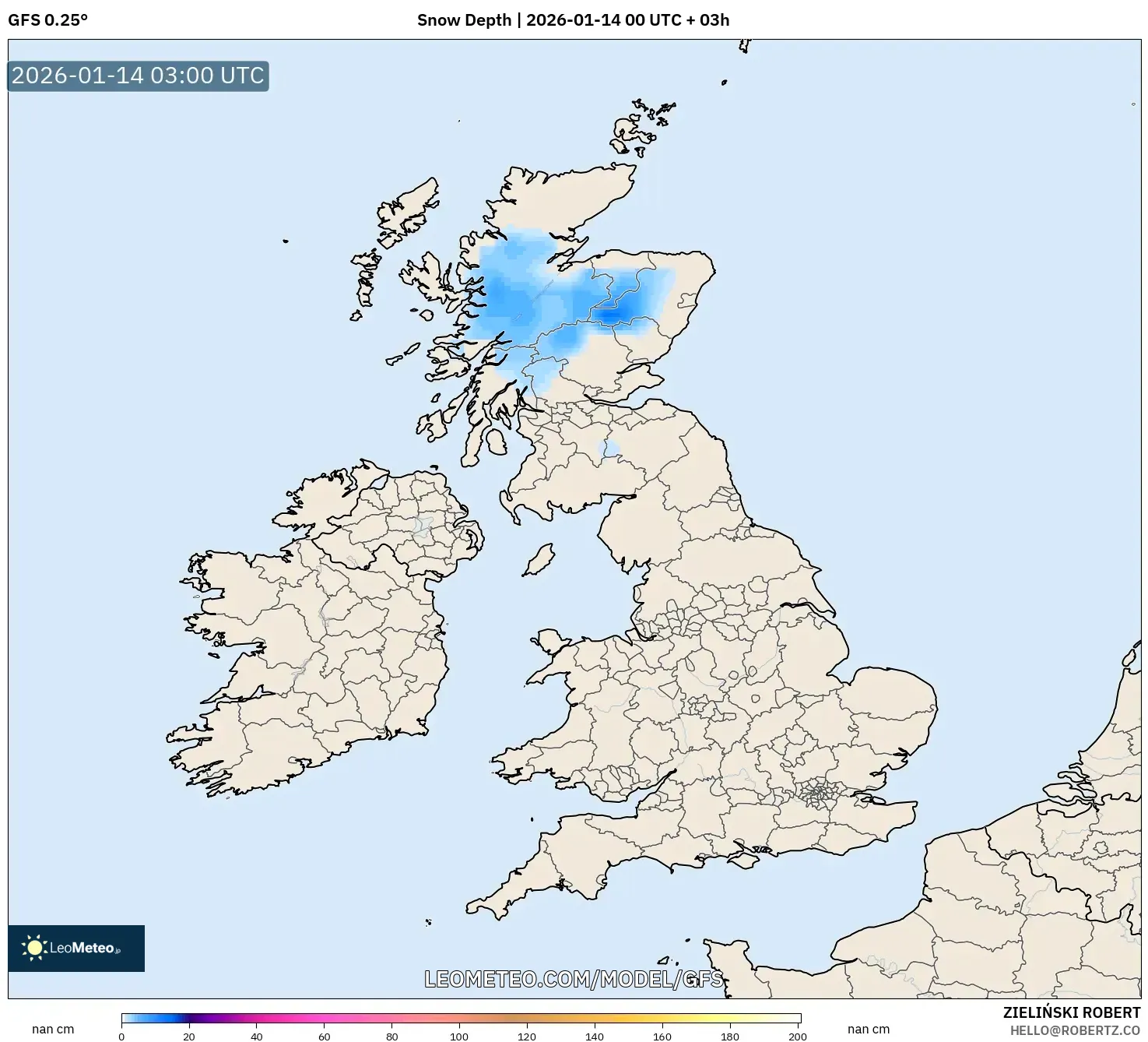 GFS model - United Kingdom, Snow Depth