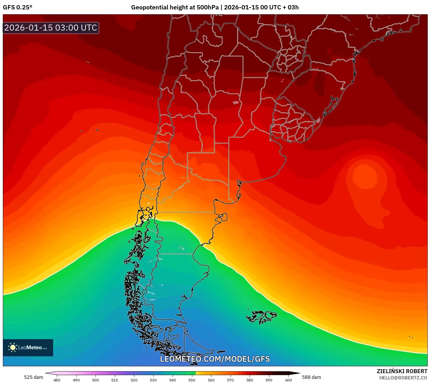 GFS model - Argentina, Geopotential height at 500hPa