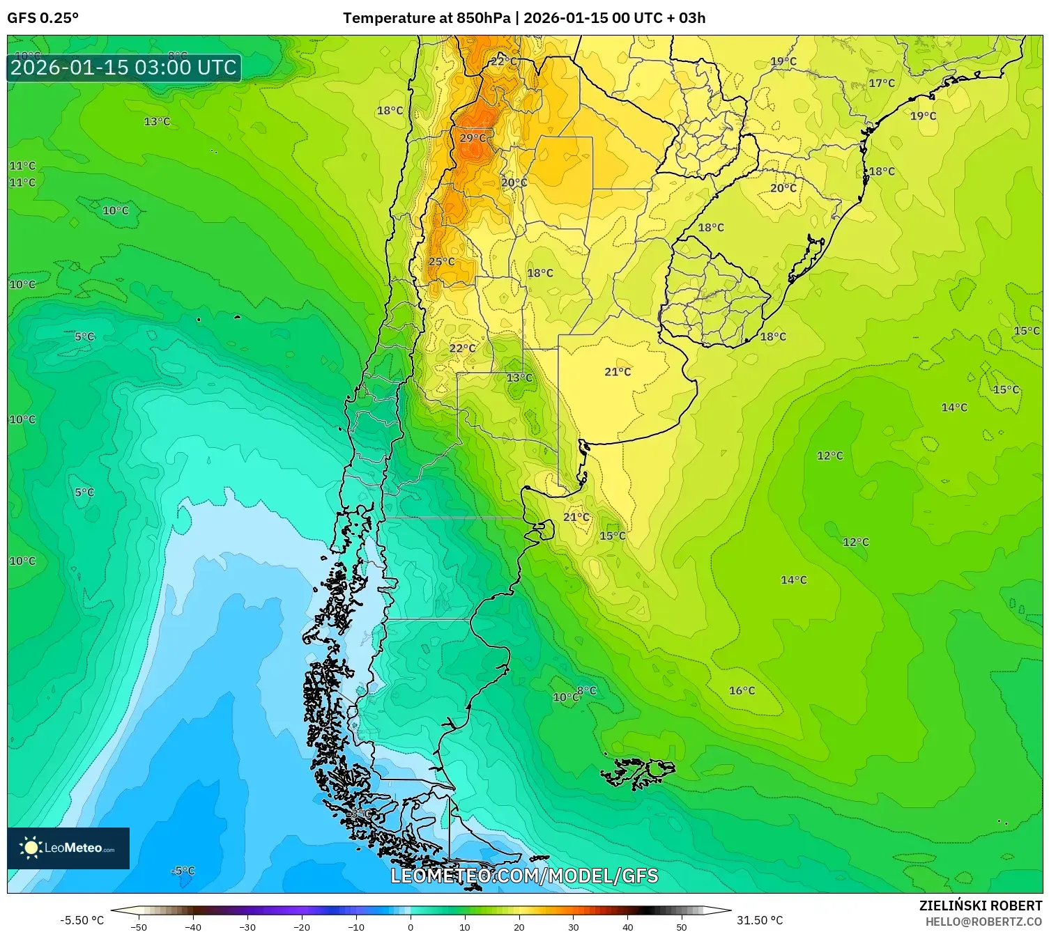 GFS model - Argentina, Temperature at 850hPa