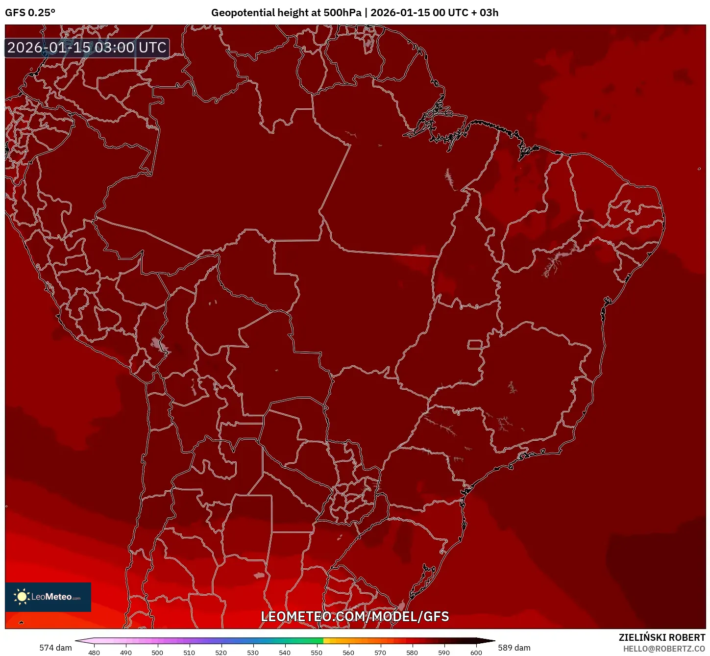 GFS model - Brazil, Geopotential height at 500hPa