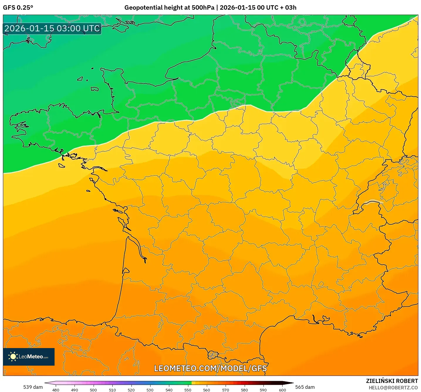 GFS model - France, Geopotential height at 500hPa