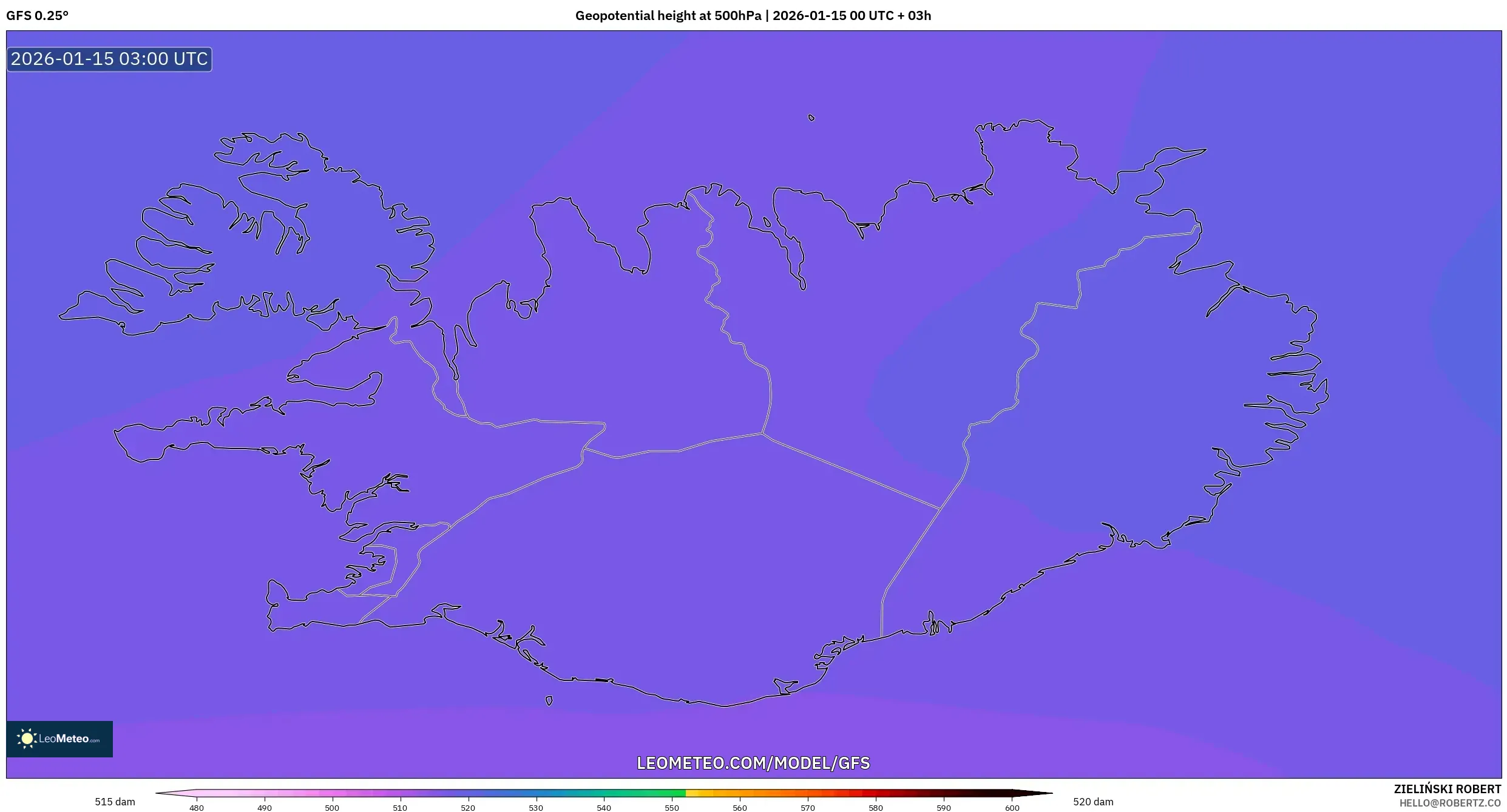 GFS model - Iceland, Geopotential height at 500hPa