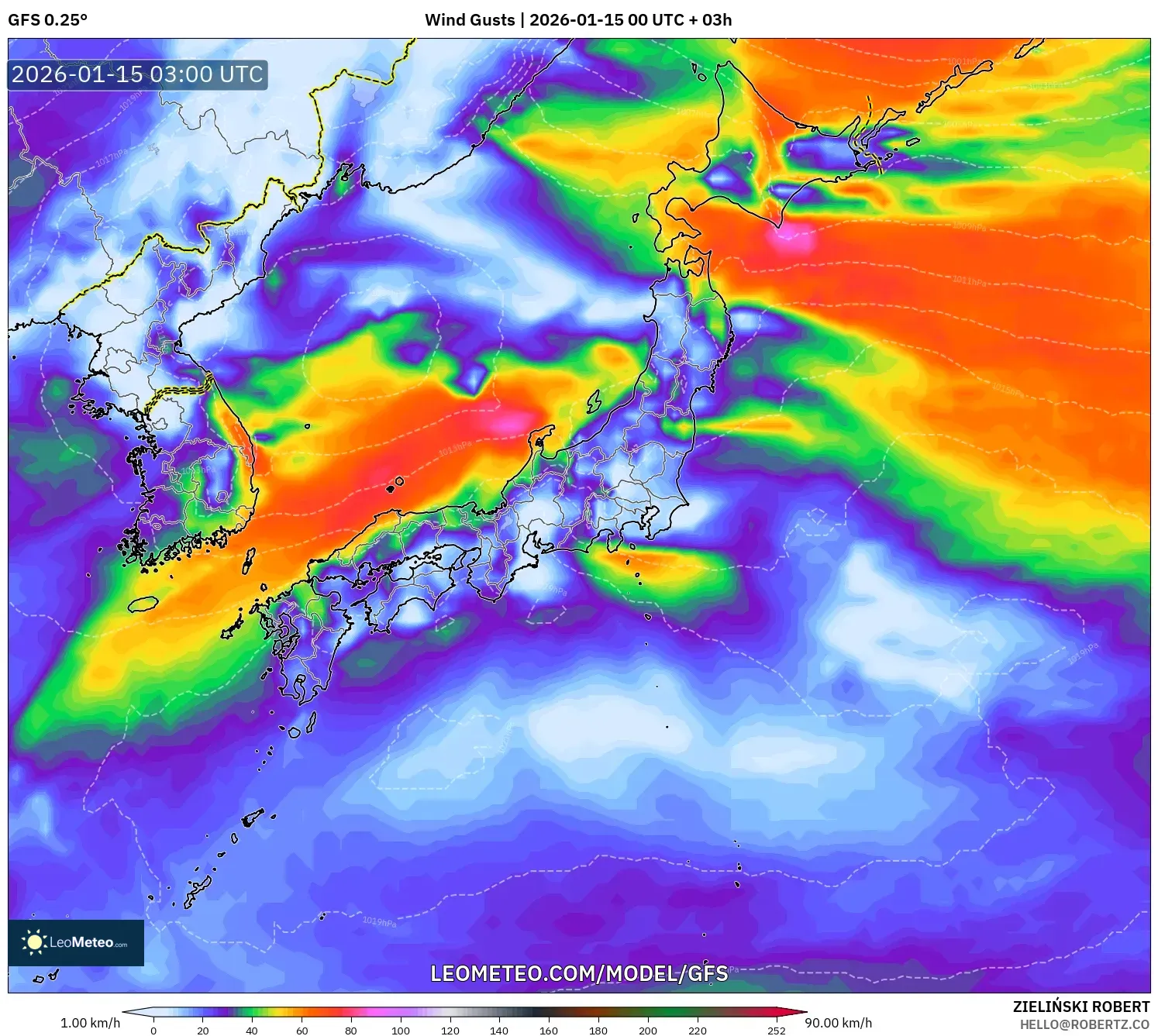GFS model - Japan, Wind Gusts