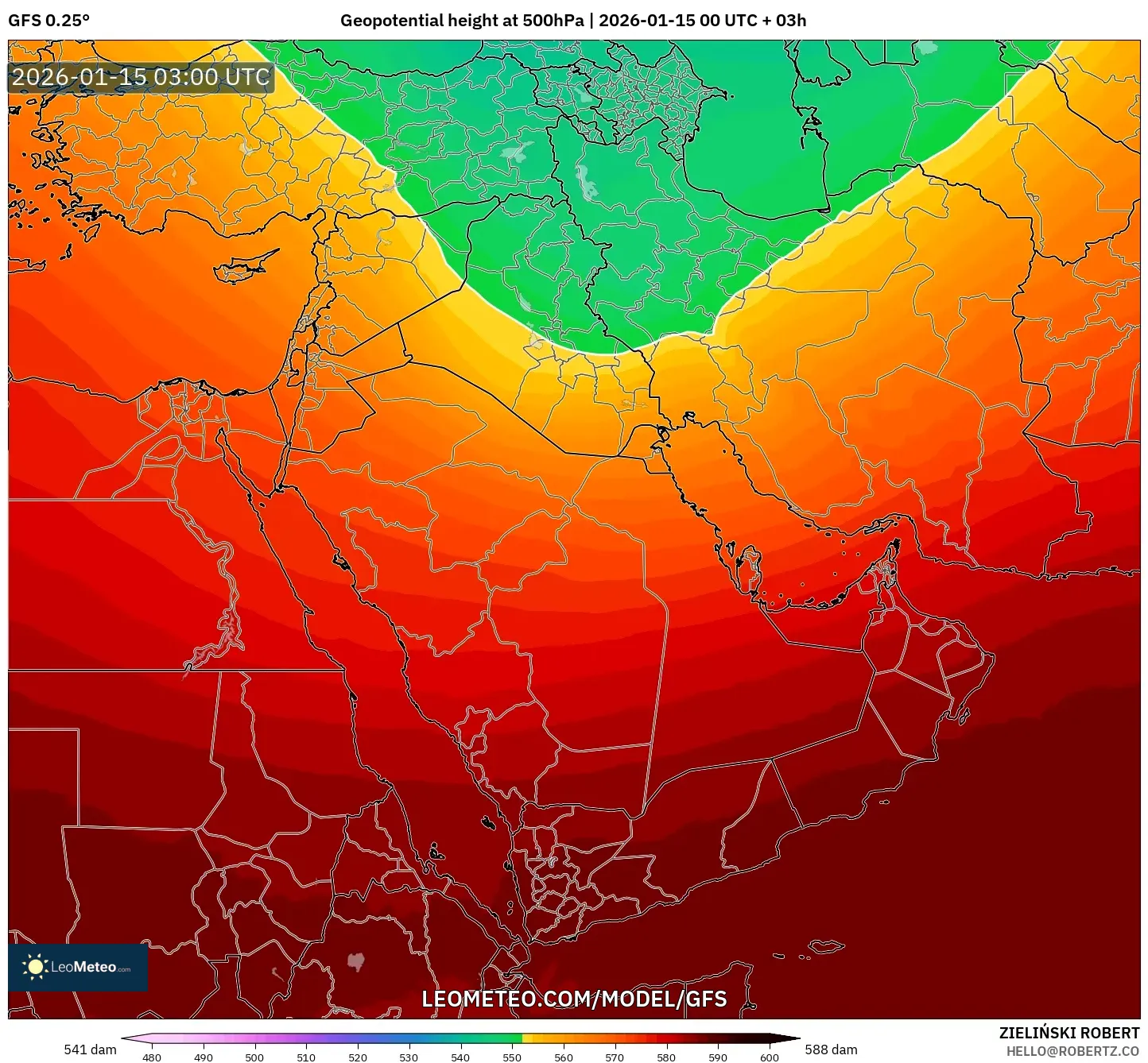 GFS model - Middle East, Geopotential height at 500hPa