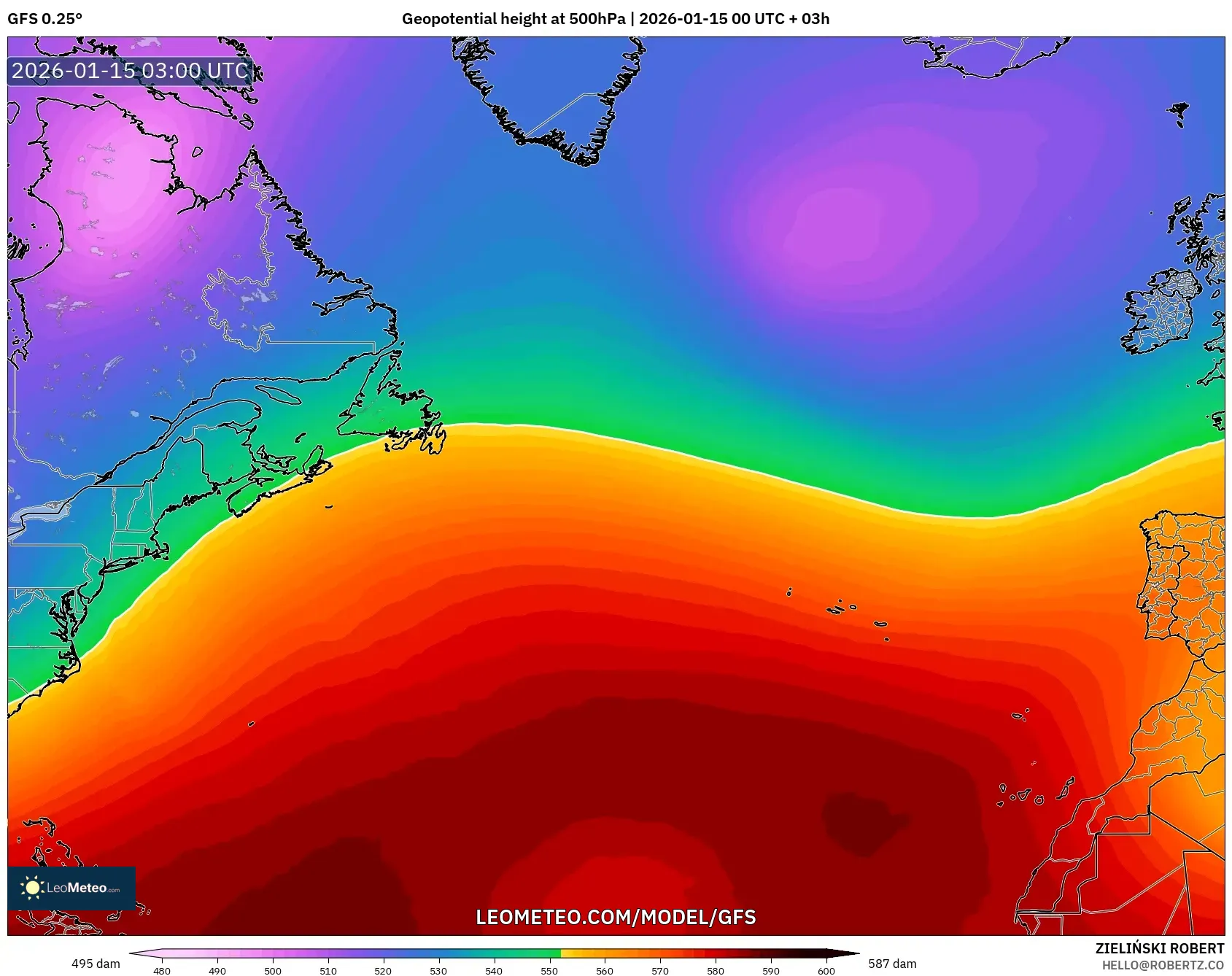 GFS model - North Atlantic, Geopotential height at 500hPa