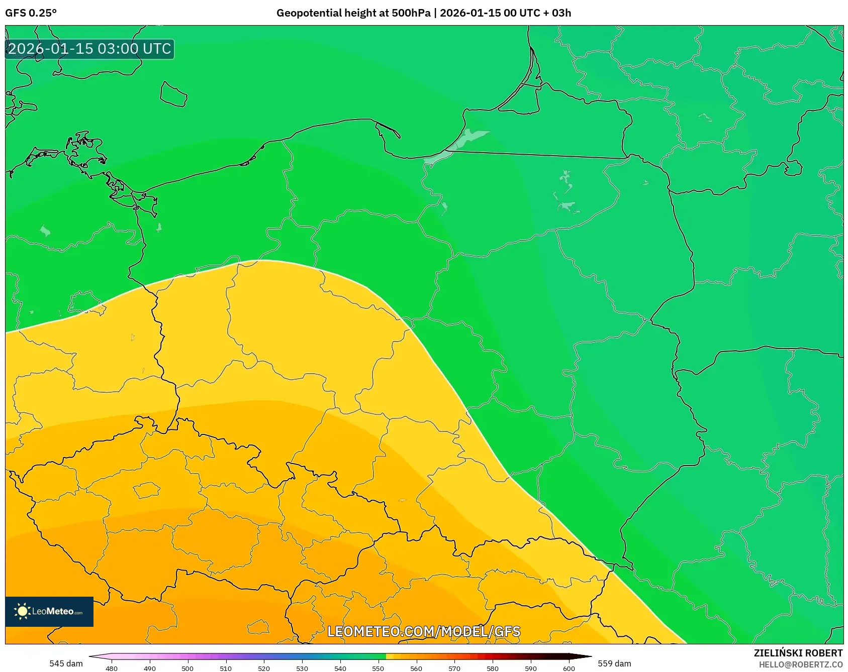 GFS model - Poland, Geopotential height at 500hPa