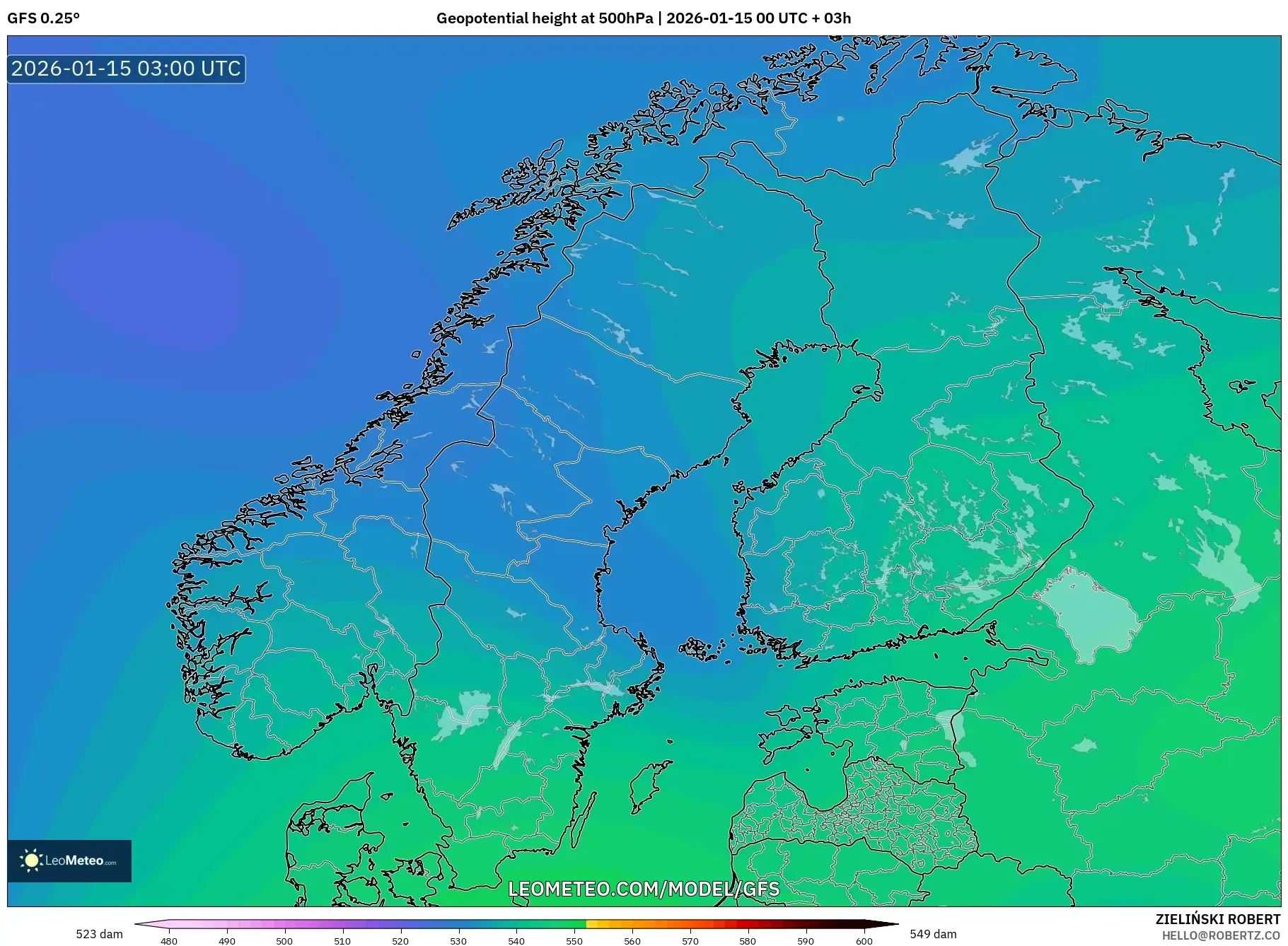 GFS model - Scandinavia, Geopotential height at 500hPa