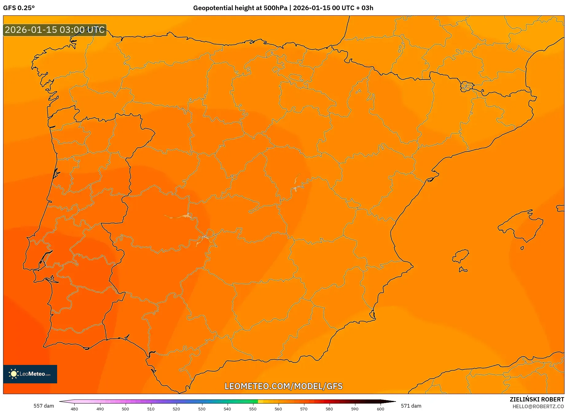 GFS model - Spain, Geopotential height at 500hPa