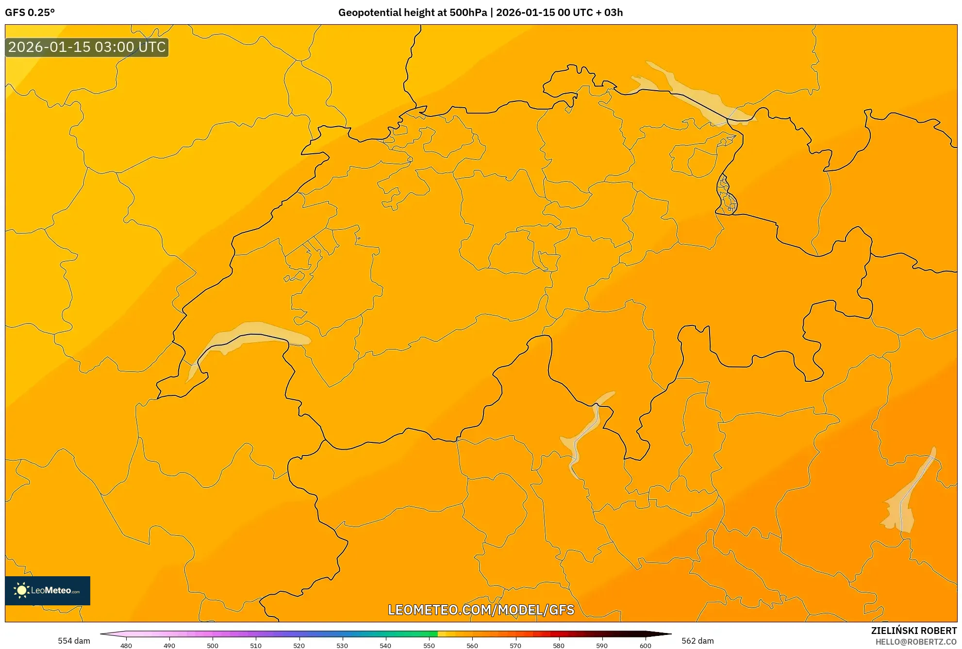 GFS model - Switzerland, Geopotential height at 500hPa