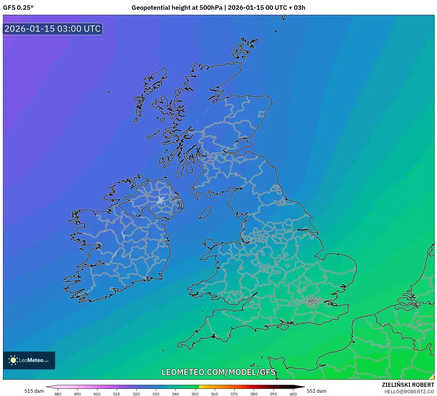 GFS model - United Kingdom, Geopotential height at 500hPa