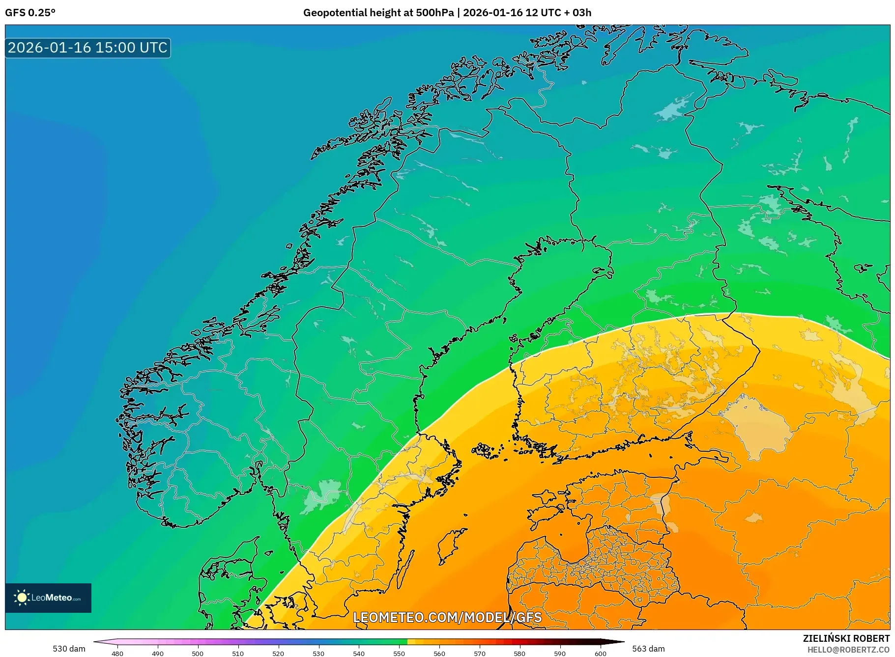 GFS model - Scandinavia, Geopotential height at 500hPa