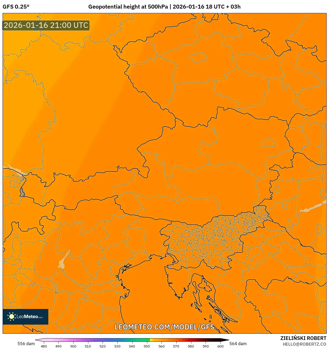GFS model - Austria, Geopotential height at 500hPa